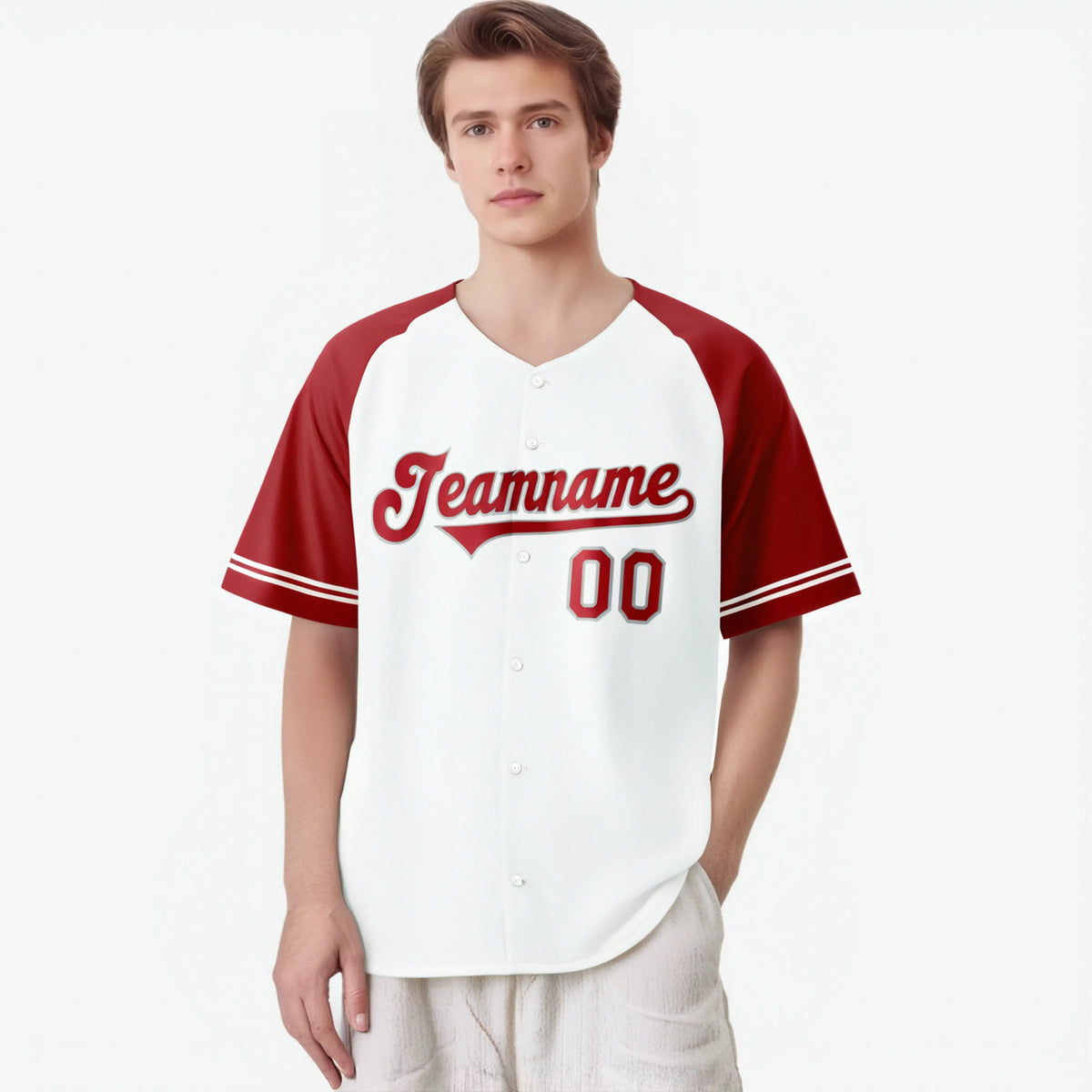Custom White Red Authentic Raglan Sleeves Baseball Jersey