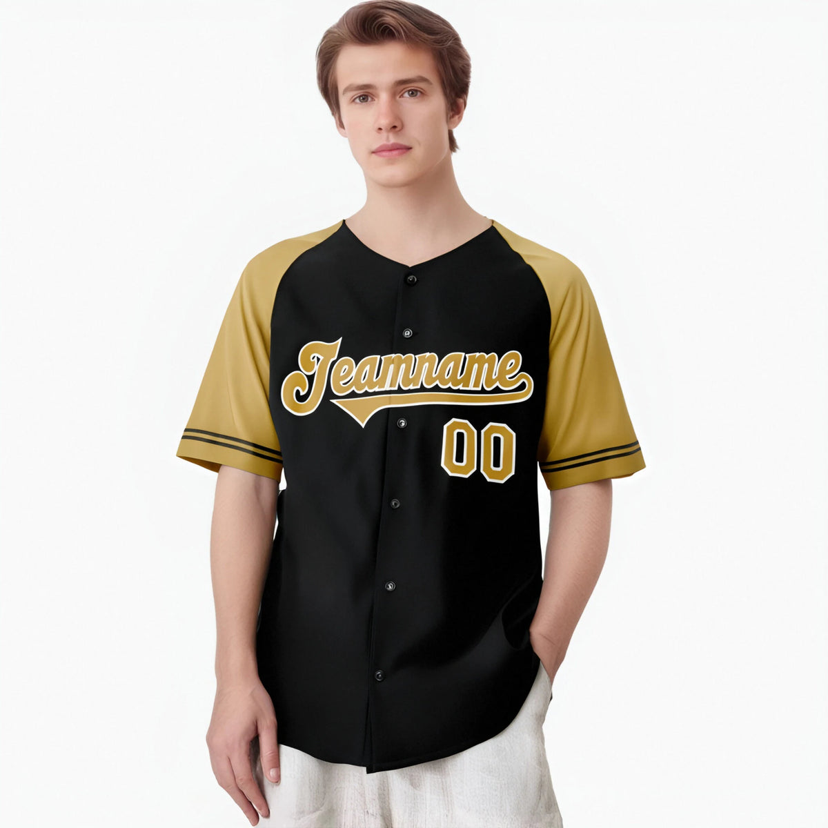 Custom Black Gold Authentic Raglan Sleeves Baseball Jersey