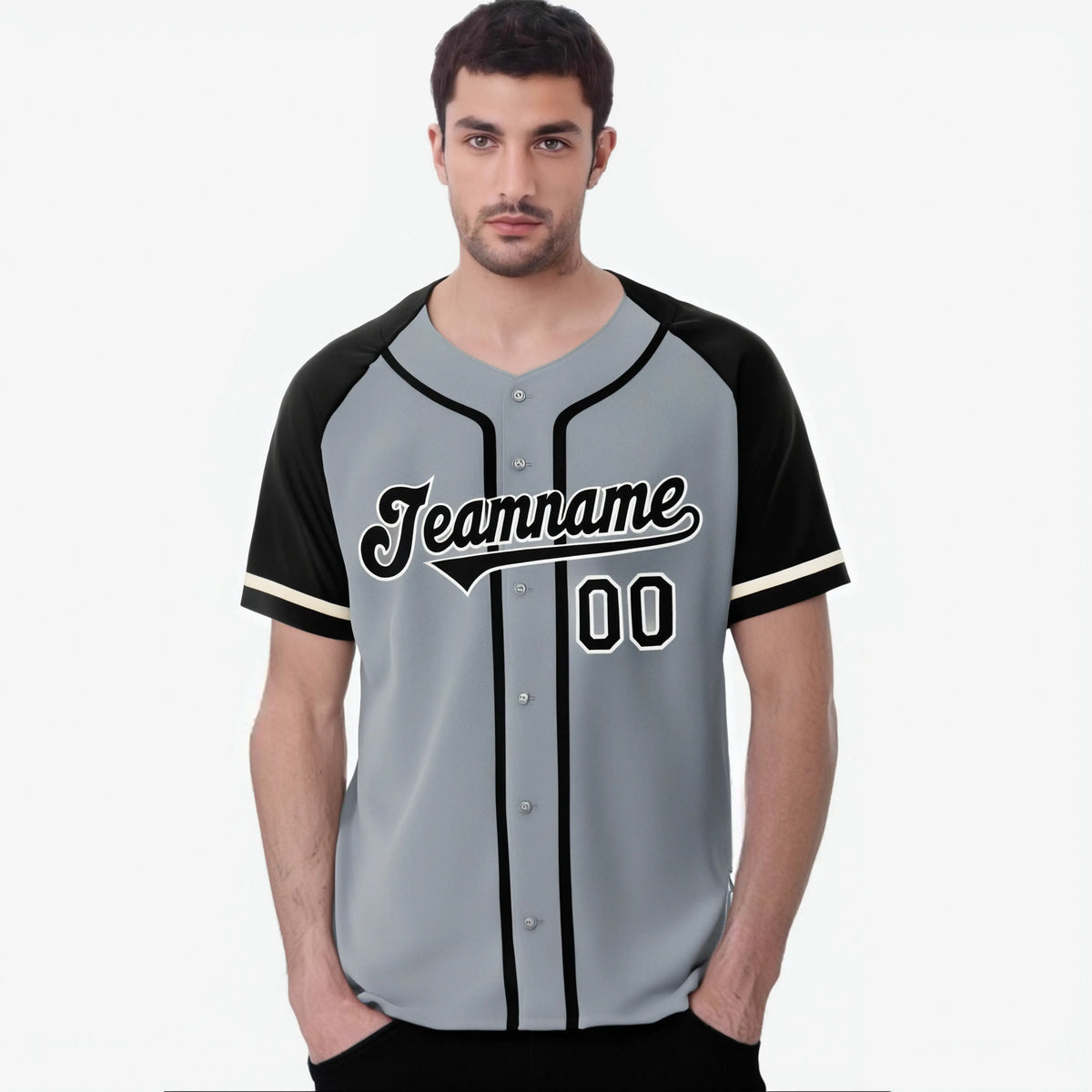 Custom Gray Black Authentic Raglan Sleeves Baseball Jersey