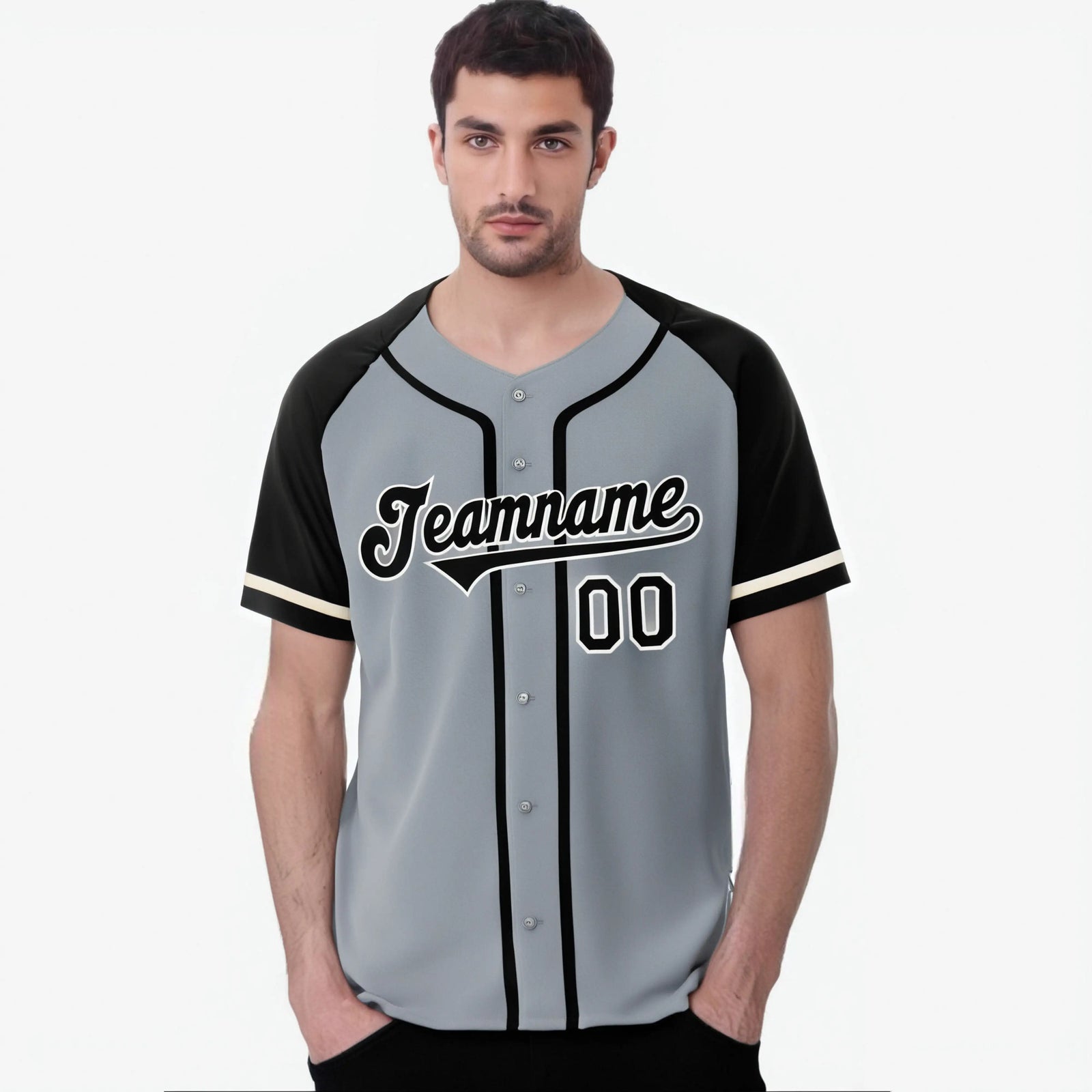 Custom Gray Black Authentic Raglan Sleeves Baseball Jersey