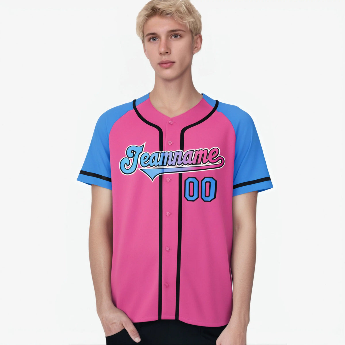 Custom Pink Powder Blue Authentic Raglan Sleeves Baseball Jersey