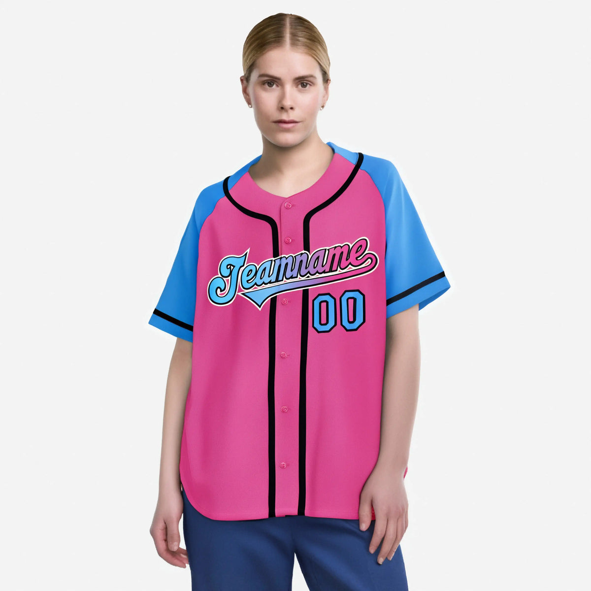 Custom Pink Powder Blue Authentic Raglan Sleeves Baseball Jersey