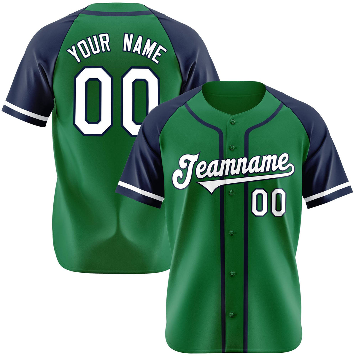 Custom Kelly Green Navy Authentic Raglan Sleeves Baseball Jersey