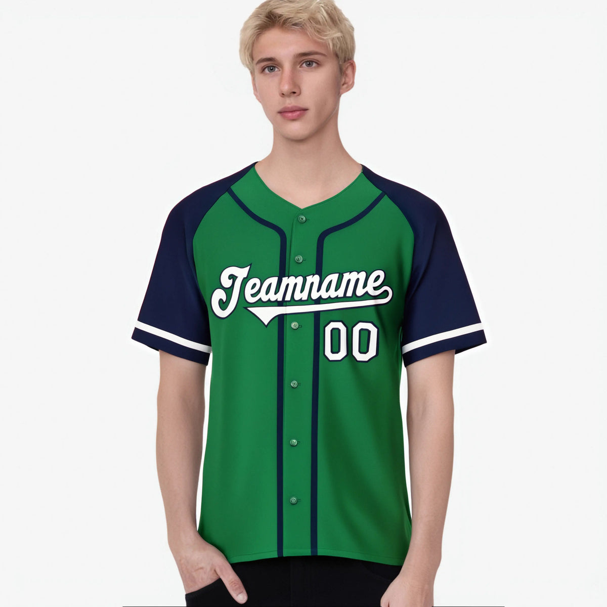 Custom Kelly Green Navy Authentic Raglan Sleeves Baseball Jersey