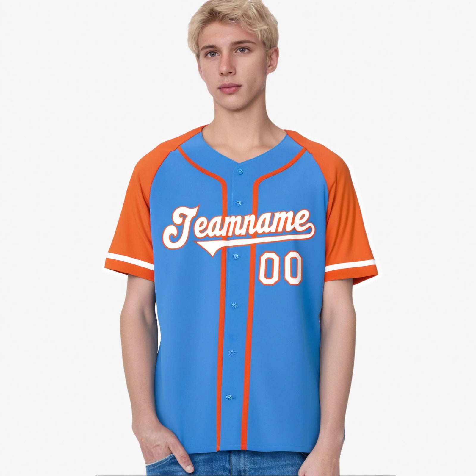 Custom Powder Blue Orange White Authentic Raglan Sleeves Baseball Jersey