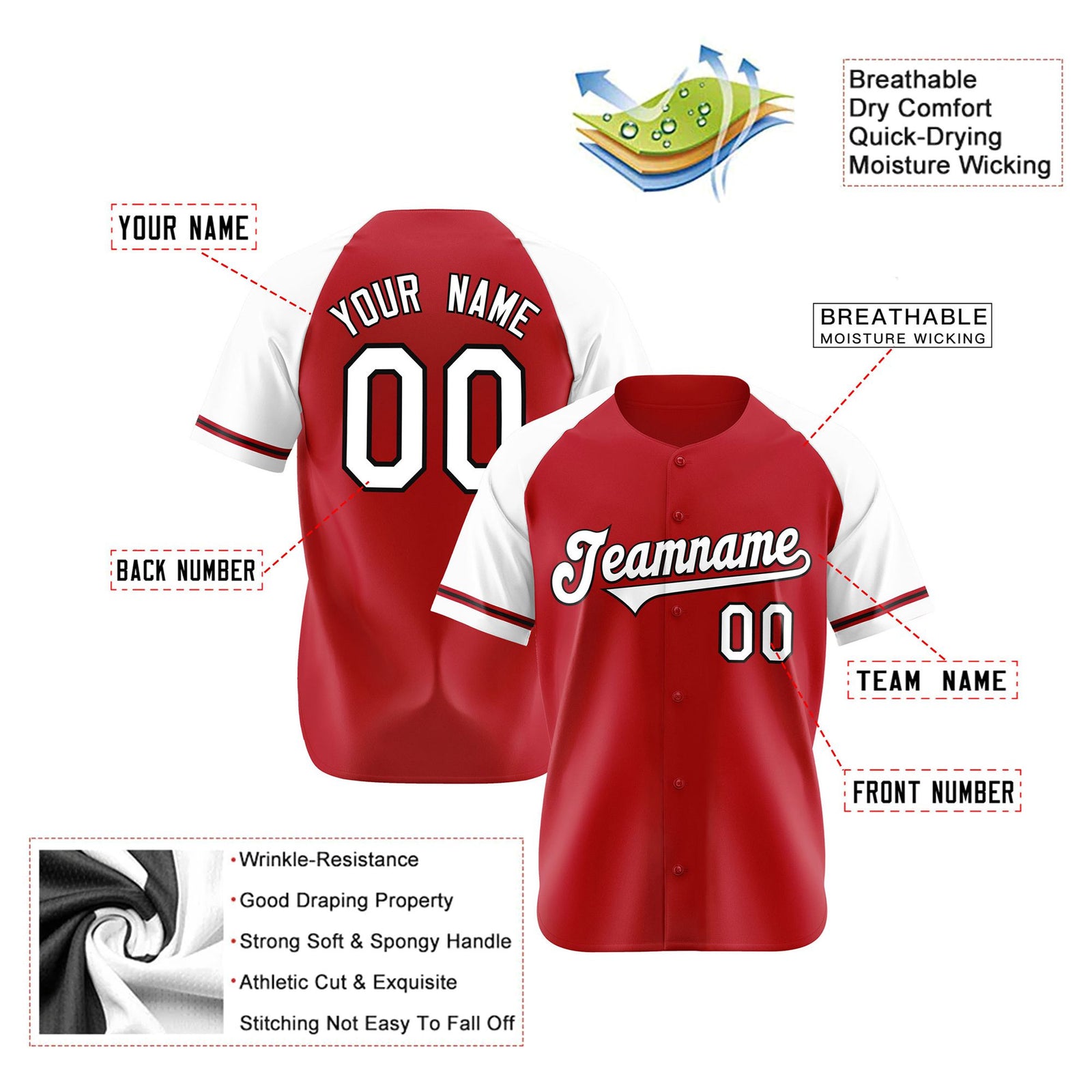 Custom Red White Authentic Raglan Sleeves Baseball Jersey