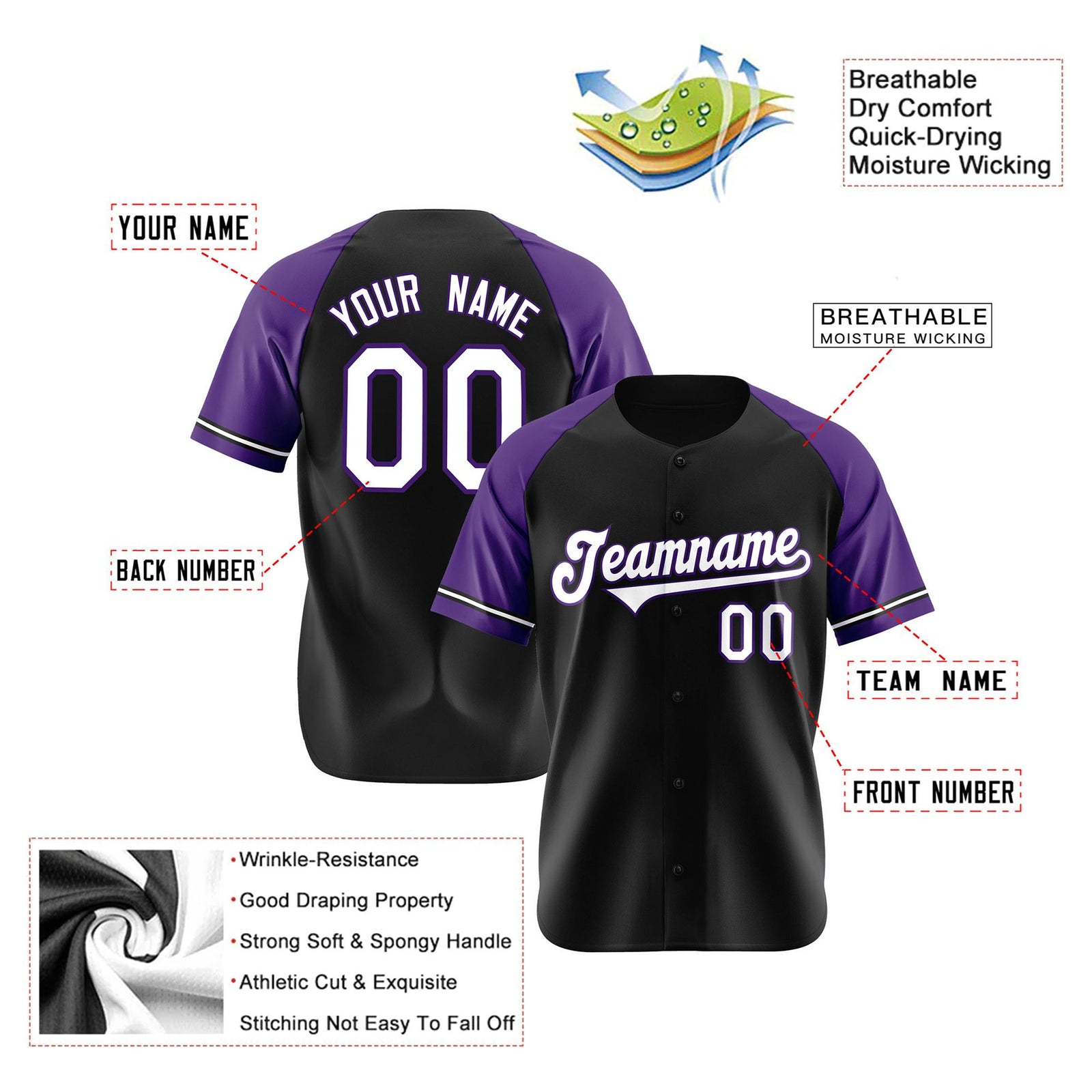 Custom Black Purple White Authentic Raglan Sleeves Baseball Jersey