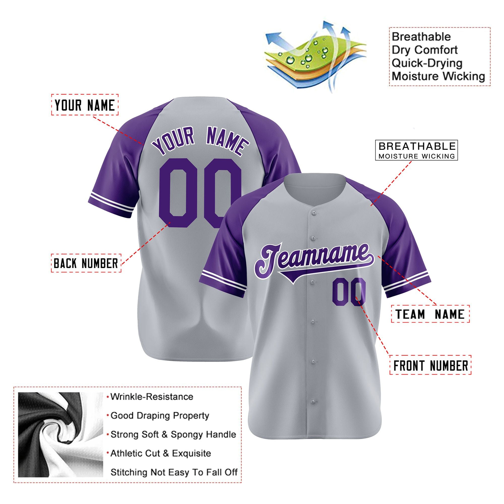 Custom Gray Purple Authentic Raglan Sleeves Baseball Jersey