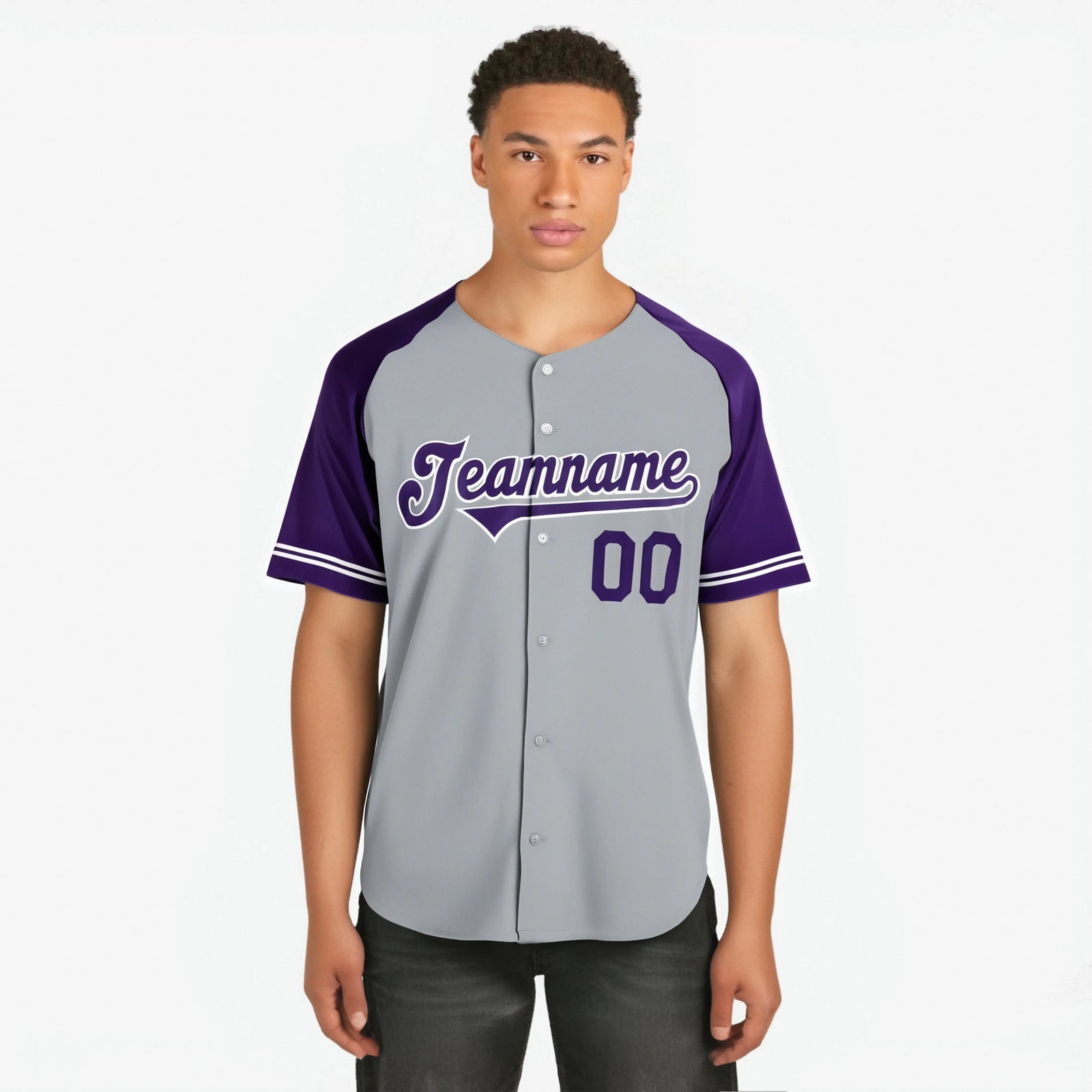 Custom Gray Purple Authentic Raglan Sleeves Baseball Jersey