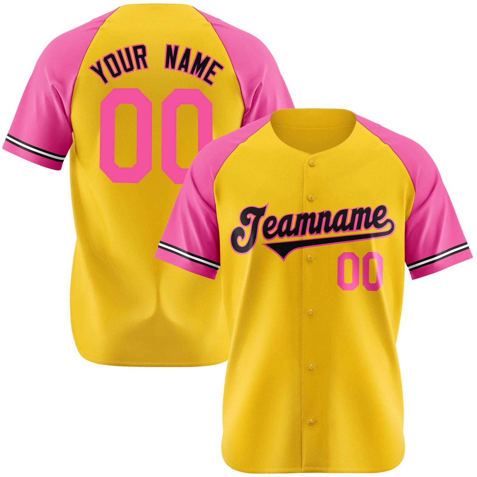 Custom Yellow Pink Authentic Raglan Sleeves Baseball Jersey