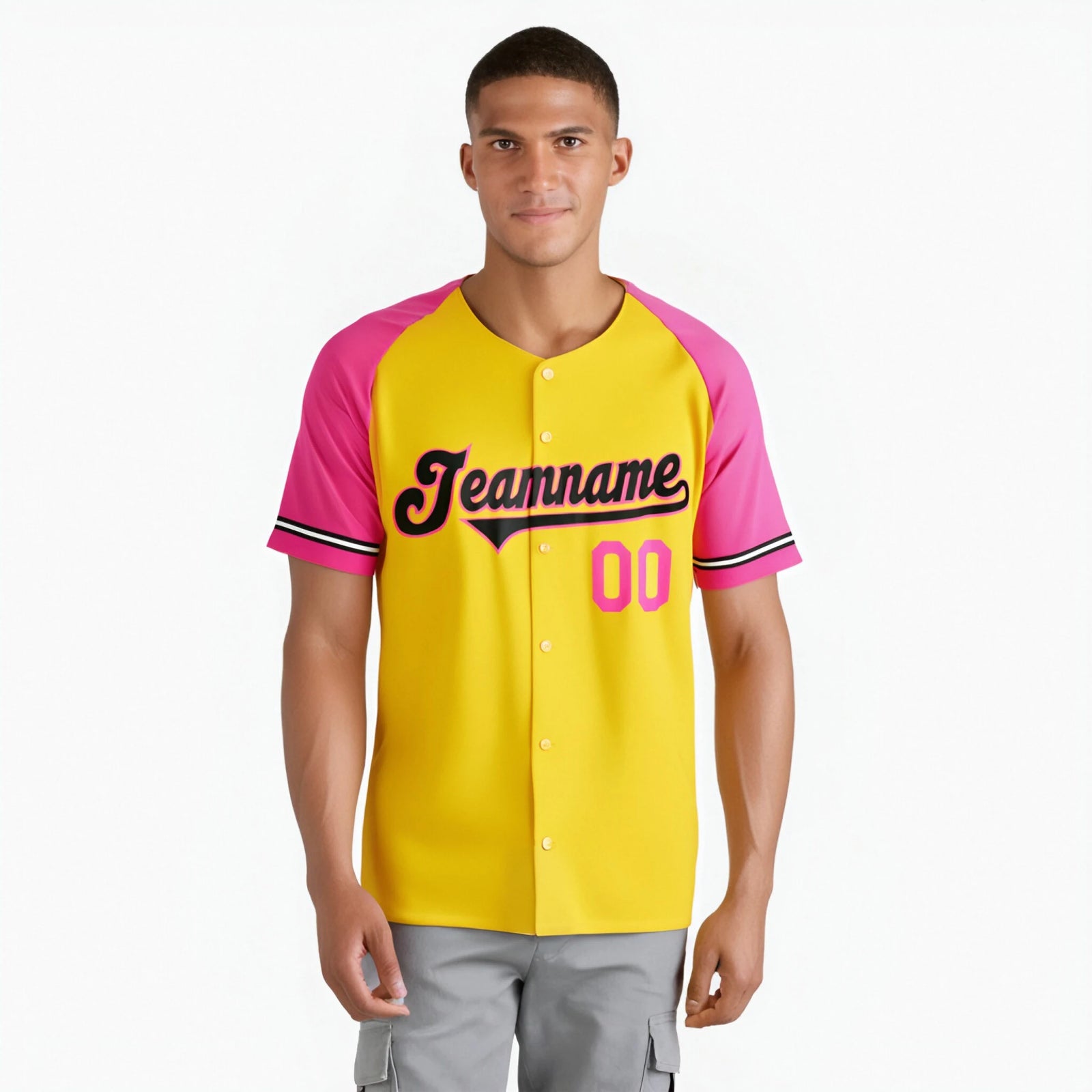 Custom Yellow Pink Authentic Raglan Sleeves Baseball Jersey