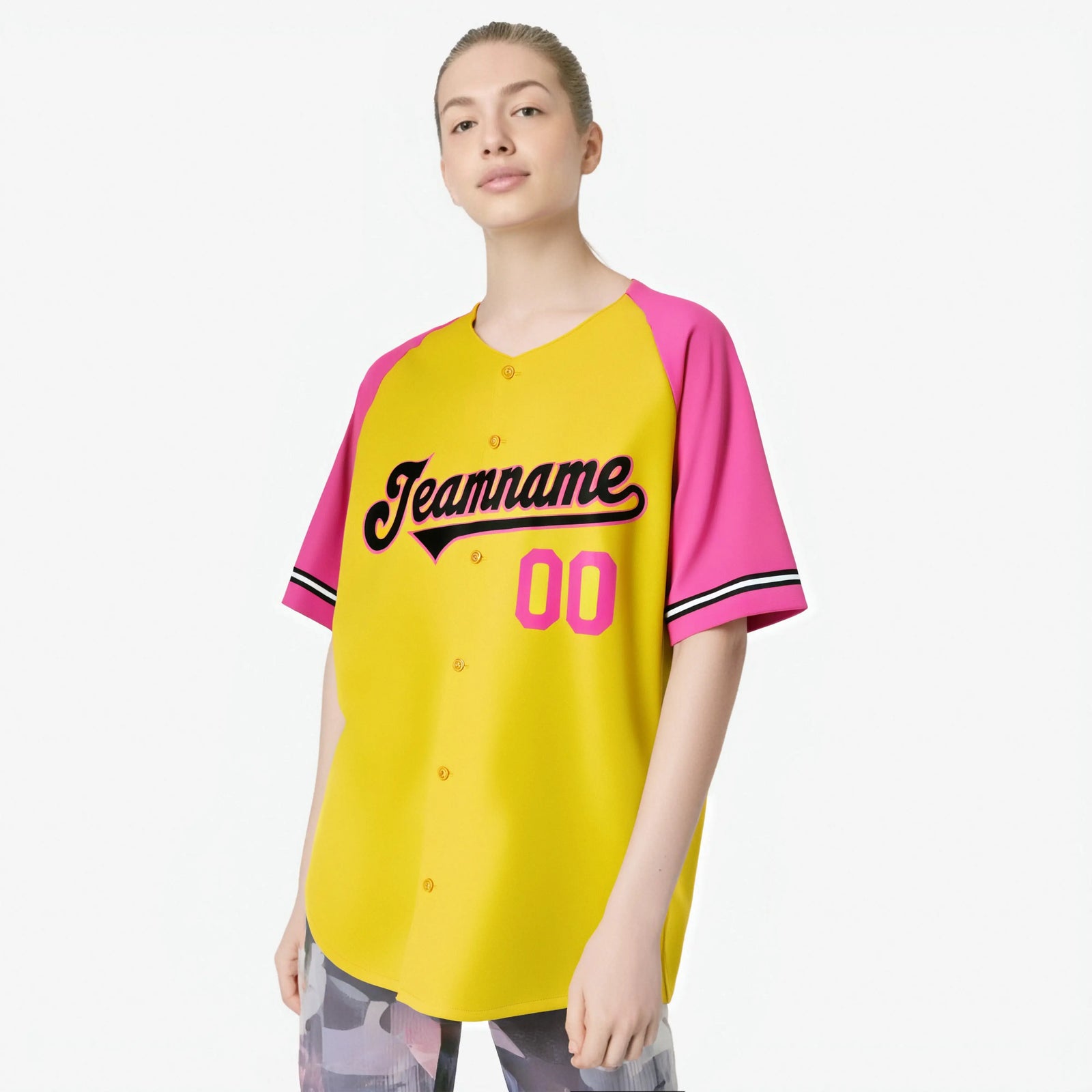 Custom Yellow Pink Authentic Raglan Sleeves Baseball Jersey