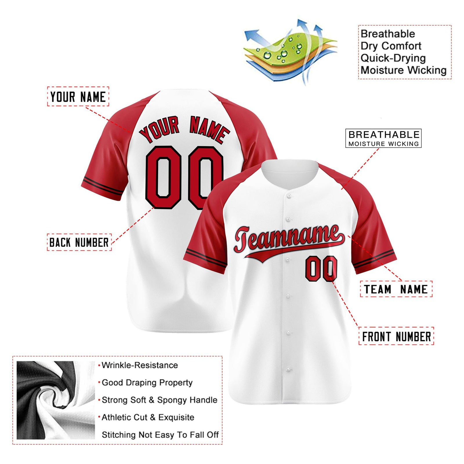 Custom White Red Authentic Raglan Sleeves Baseball Jersey