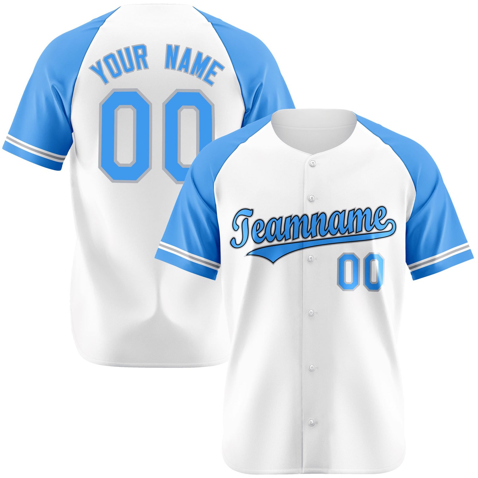 Custom White Light-Blue Authentic Raglan Sleeves Baseball Jersey