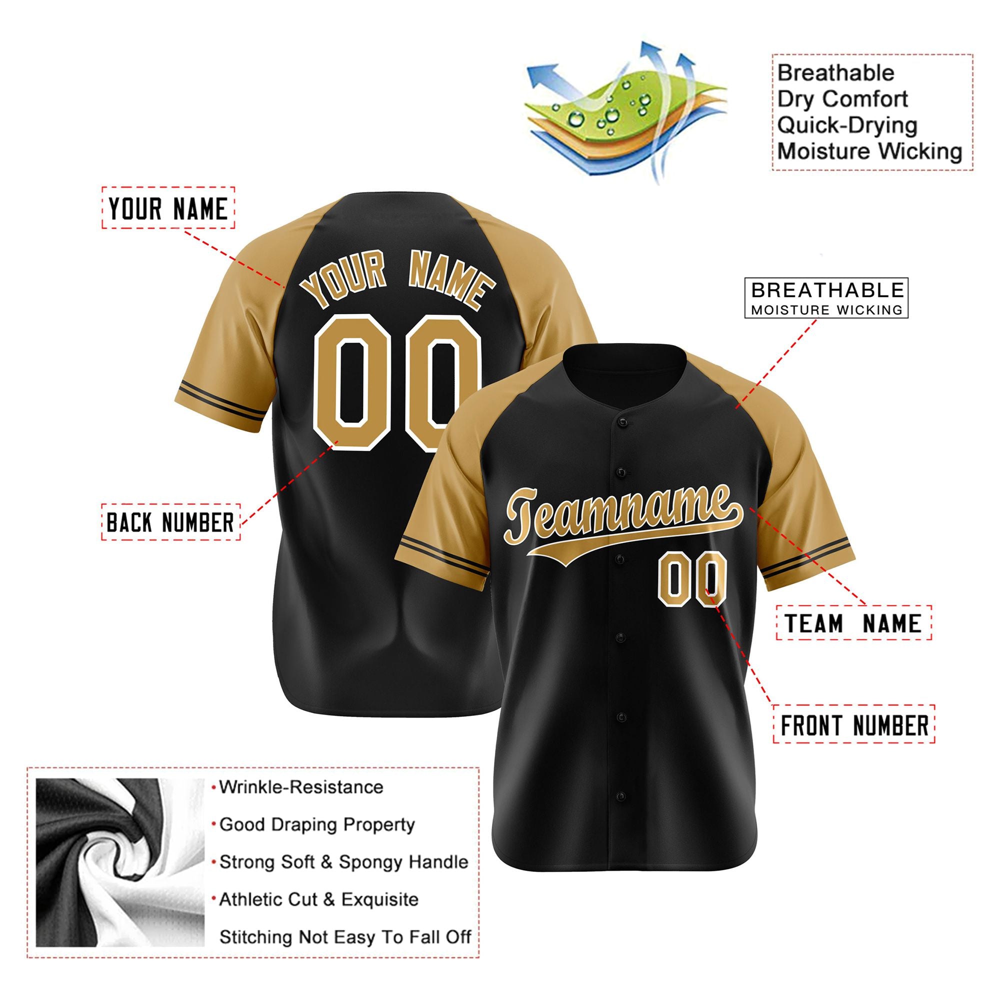 Custom Black Gold Authentic Raglan Sleeves Baseball Jersey