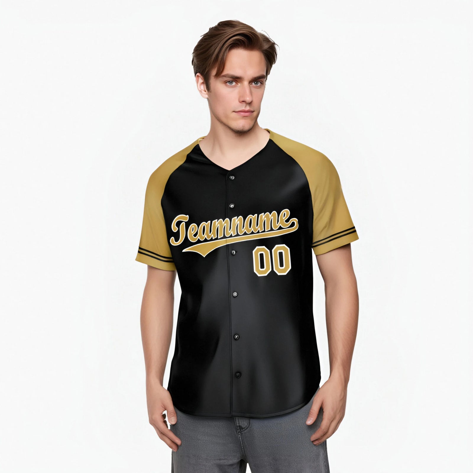 Custom Black Gold Authentic Raglan Sleeves Baseball Jersey