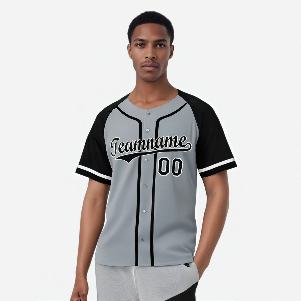 Custom Gray Black Authentic Raglan Sleeves Baseball Jersey
