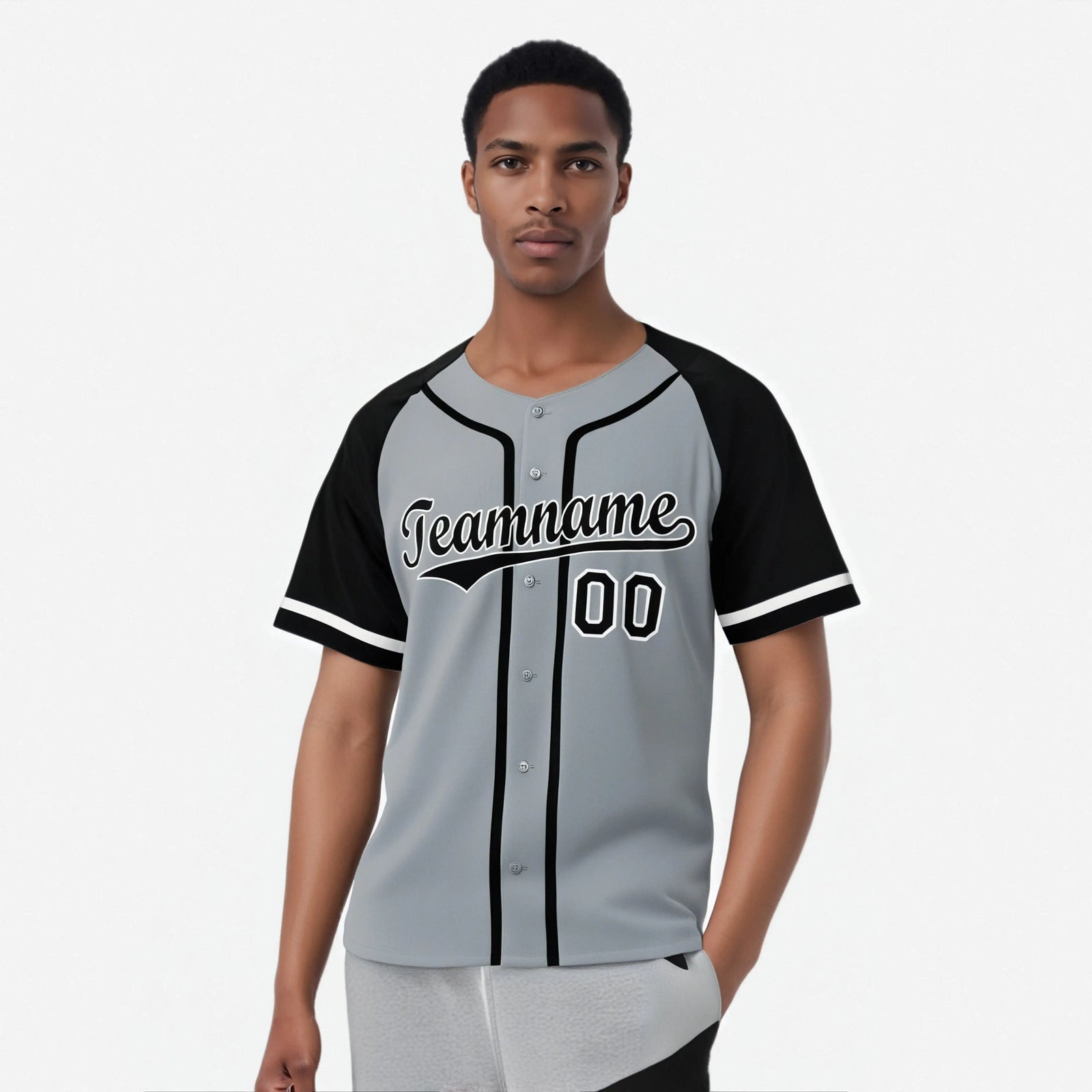 Custom Gray Black Authentic Raglan Sleeves Baseball Jersey
