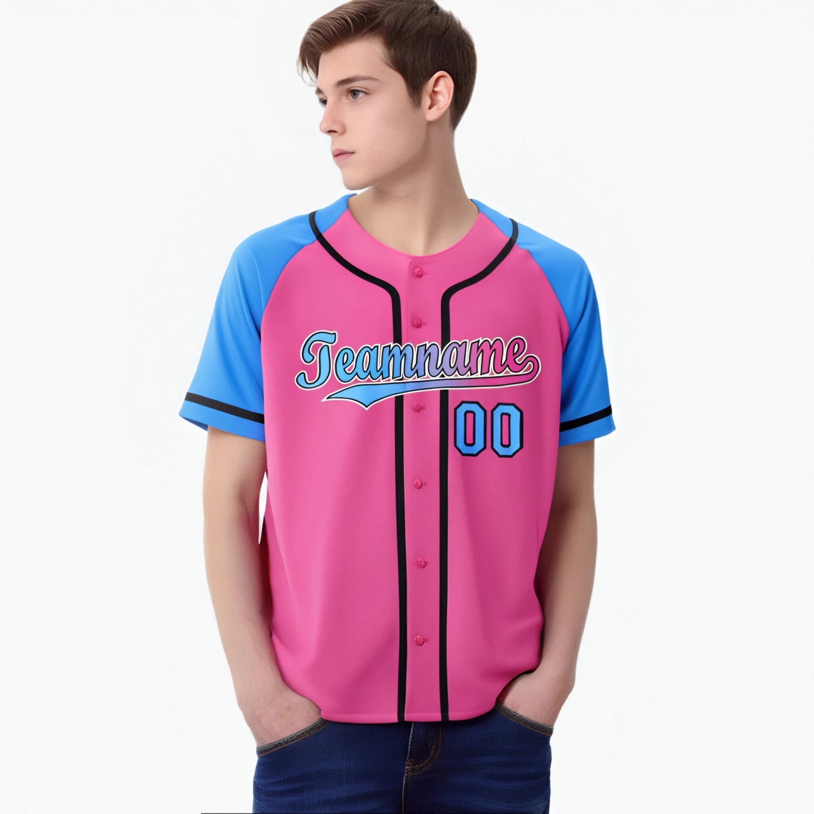 Custom Pink Powder Blue Authentic Raglan Sleeves Baseball Jersey