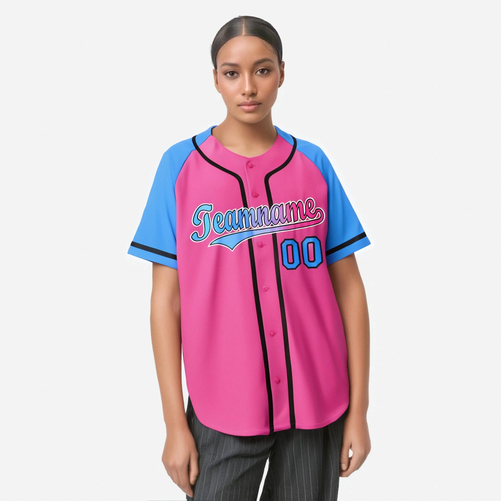 Custom Pink Powder Blue Authentic Raglan Sleeves Baseball Jersey