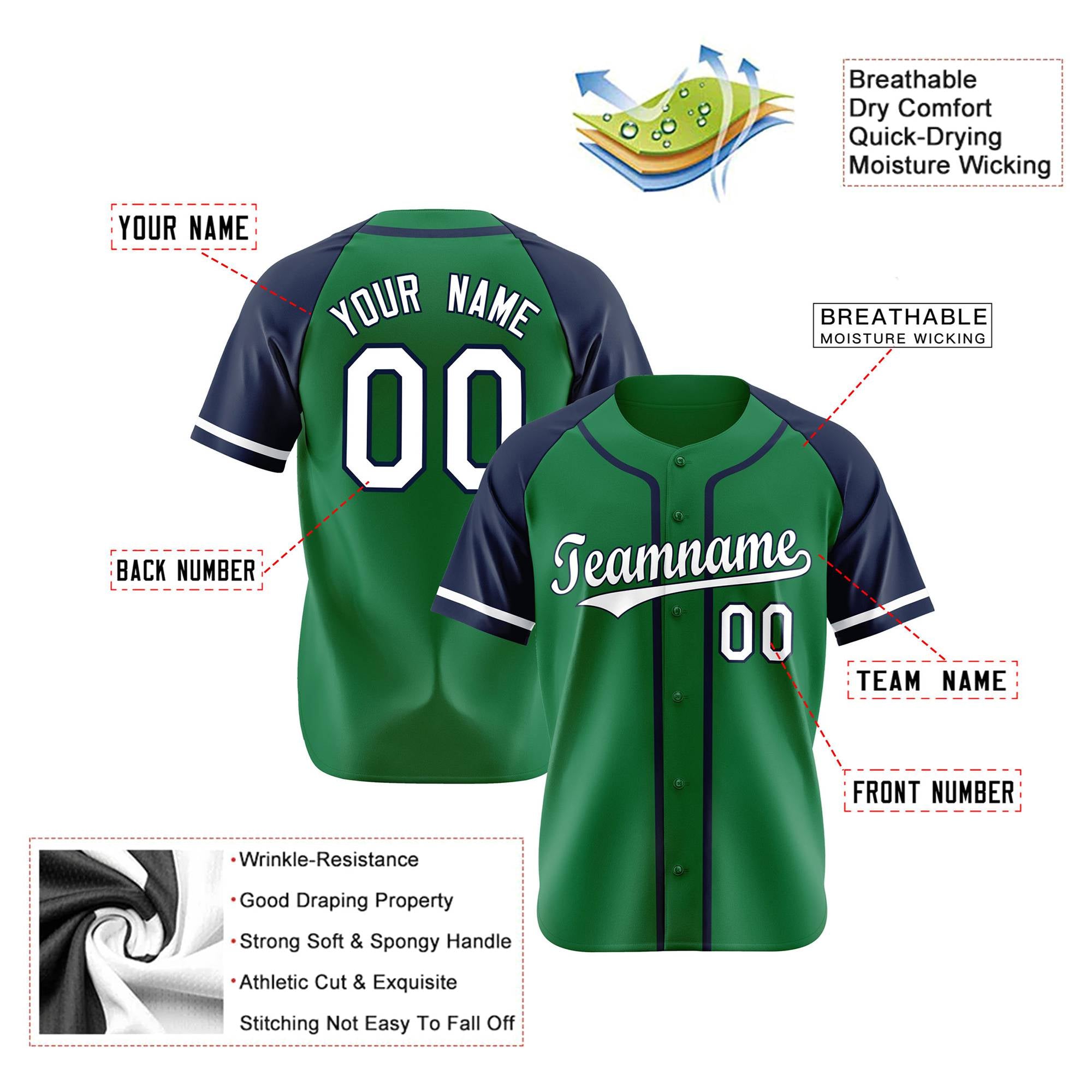 Custom Kelly Green Navy Authentic Raglan Sleeves Baseball Jersey