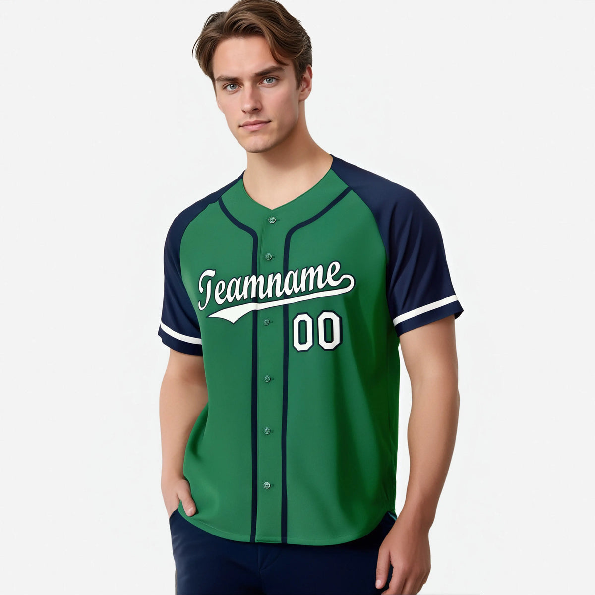 Custom Kelly Green Navy Authentic Raglan Sleeves Baseball Jersey