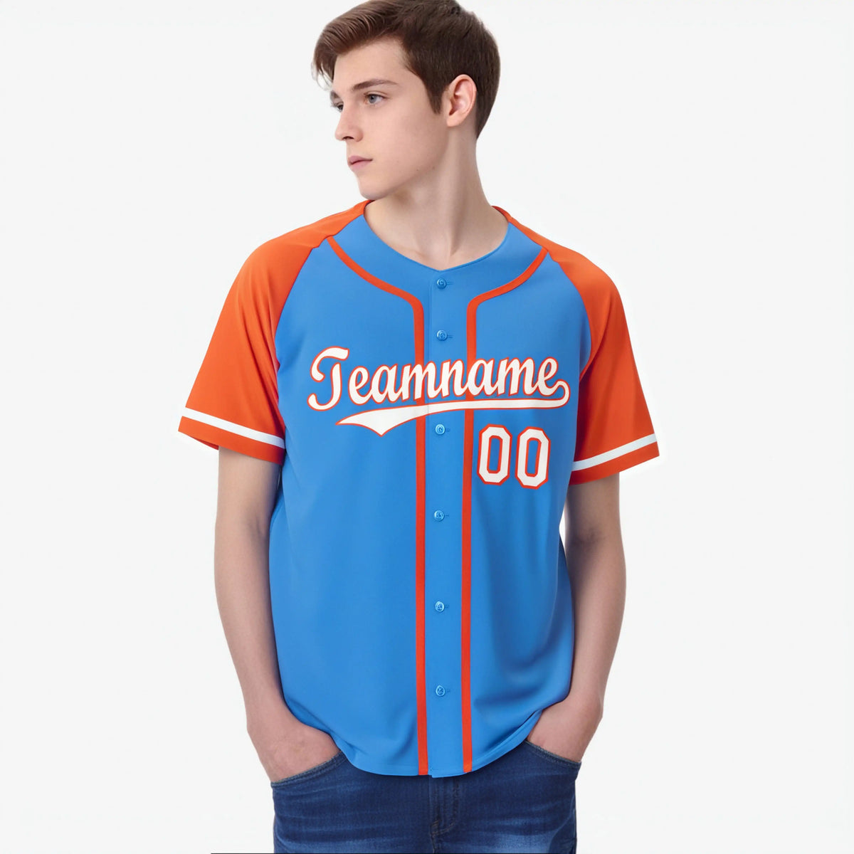 Custom Powder Blue Orange White Authentic Raglan Sleeves Baseball Jersey