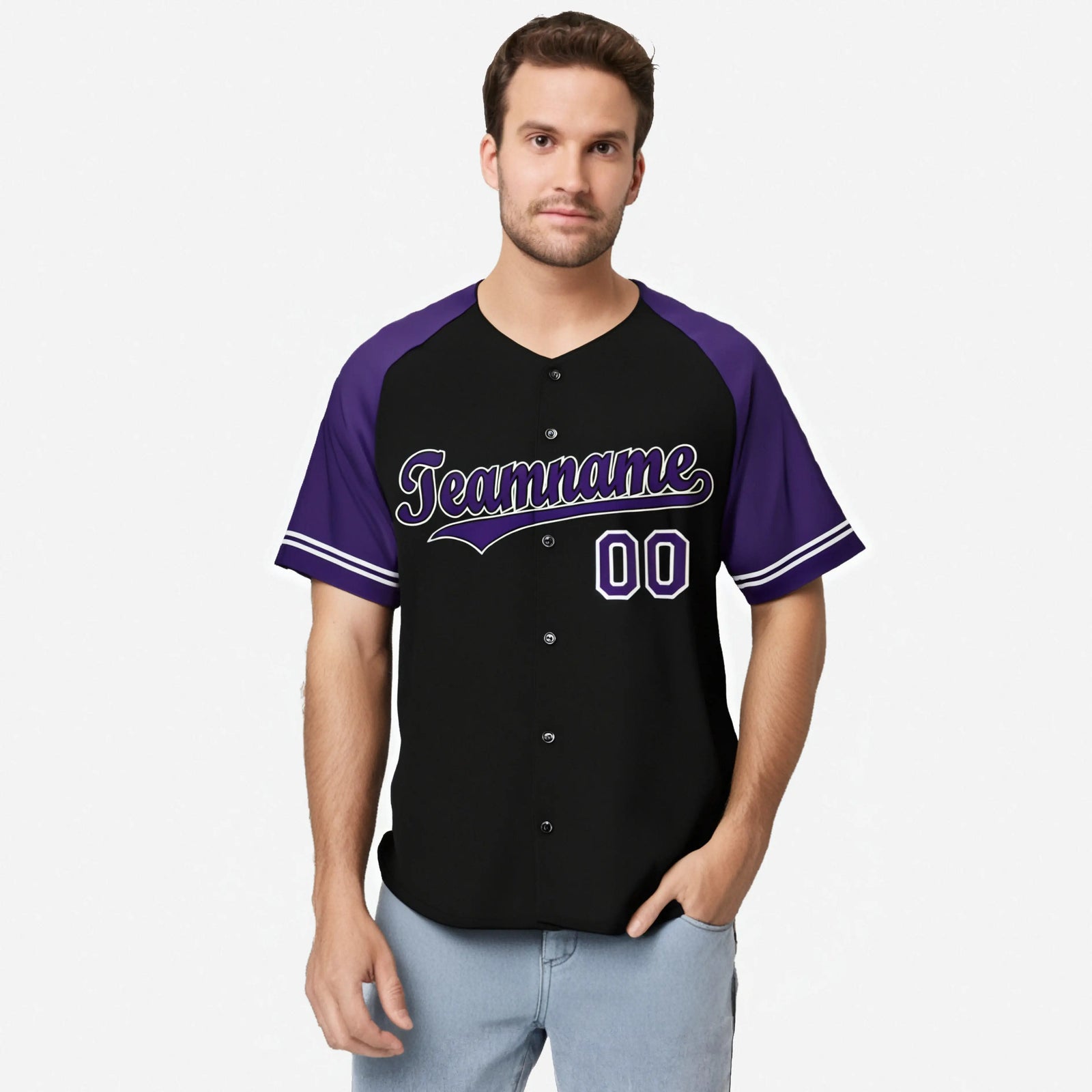 Custom Black Purple Authentic Raglan Sleeves Baseball Jersey