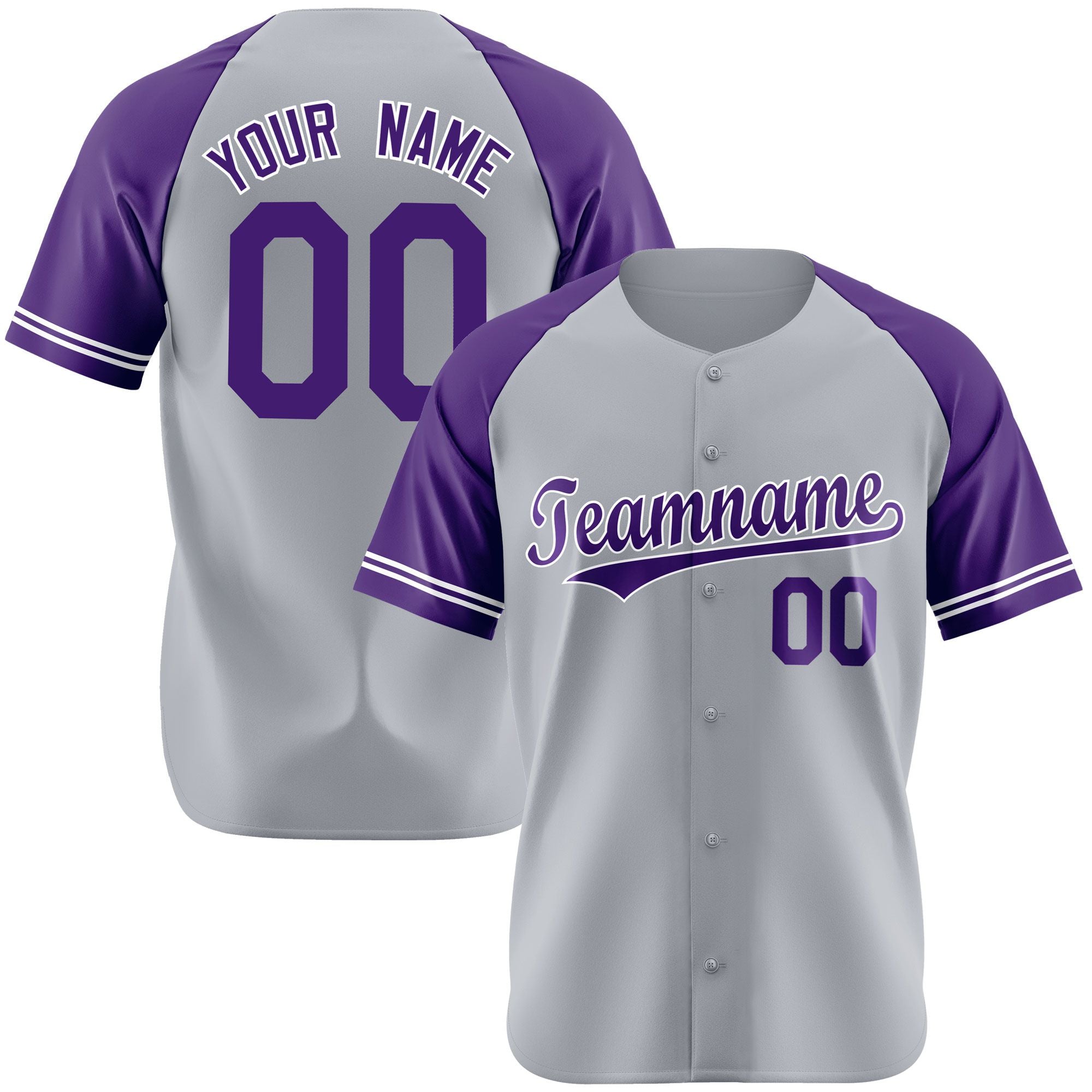 Custom Gray Purple Authentic Raglan Sleeves Baseball Jersey