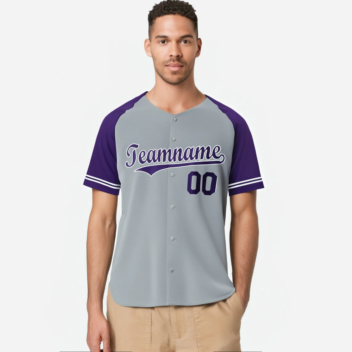 Custom Gray Purple Authentic Raglan Sleeves Baseball Jersey