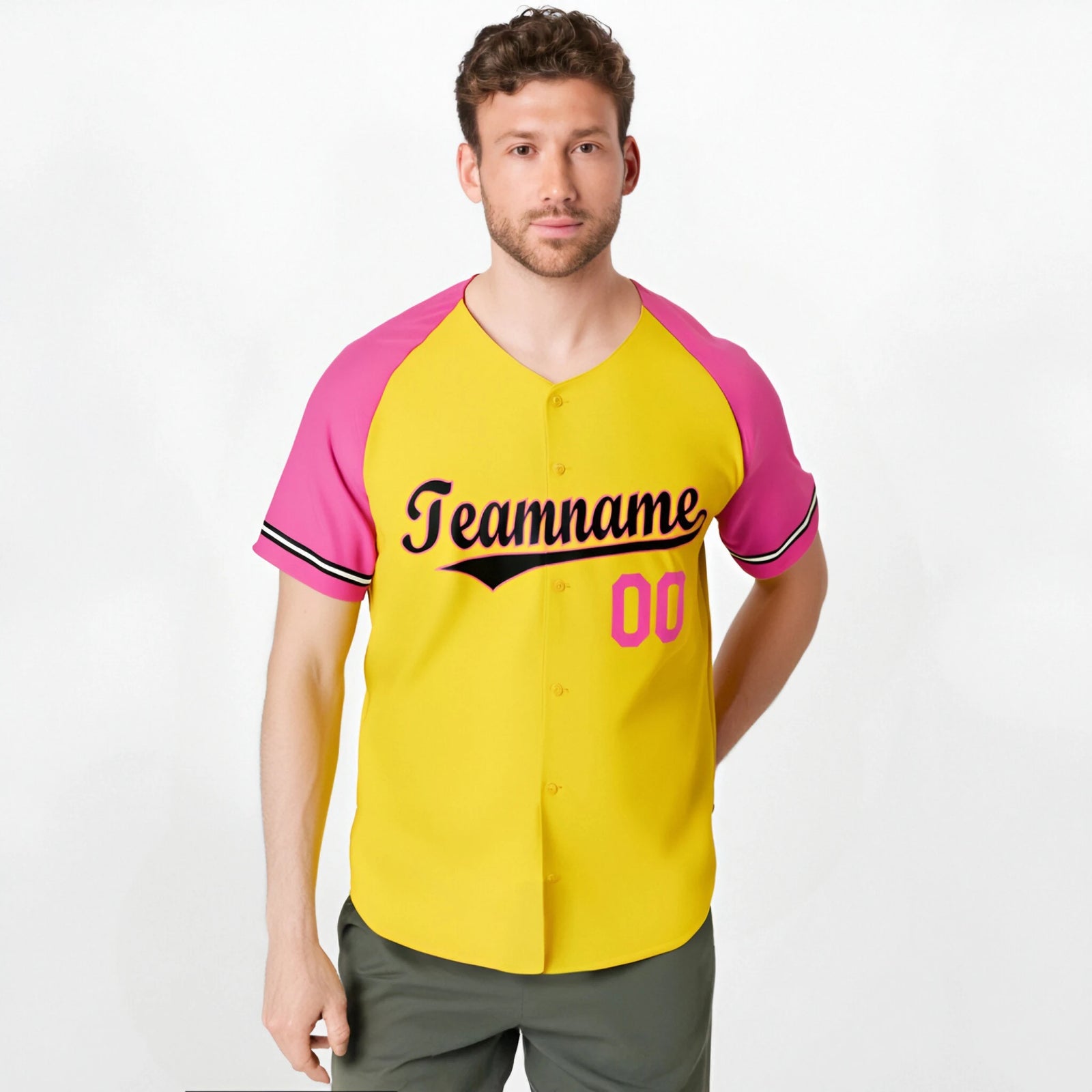 Custom Yellow Pink Authentic Raglan Sleeves Baseball Jersey
