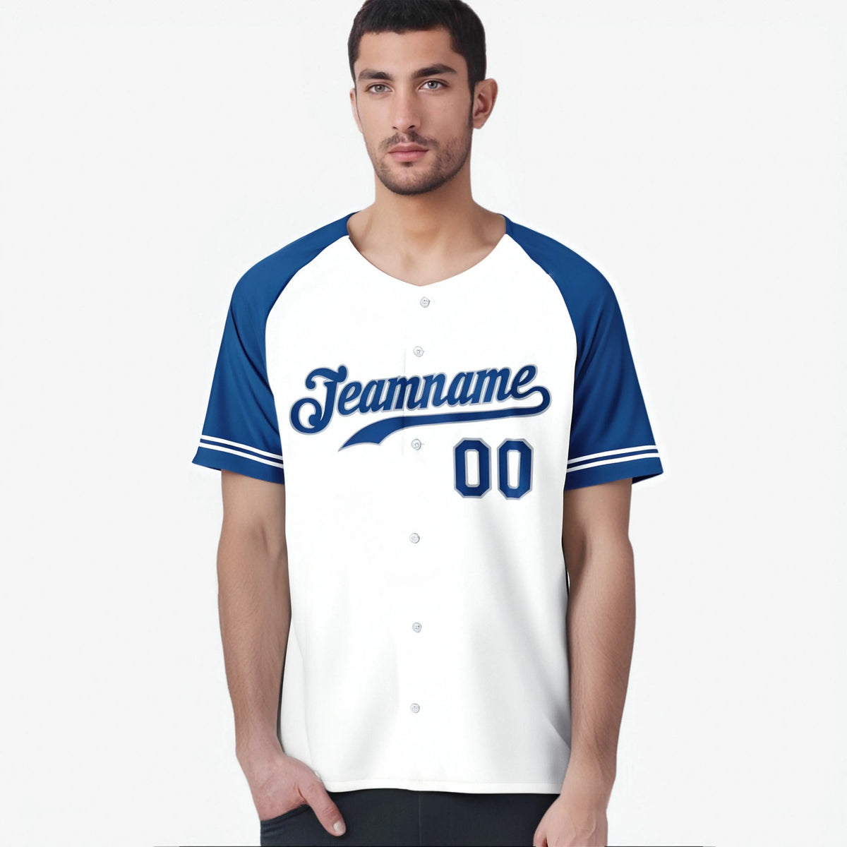 Custom White Royal Blue Authentic Raglan Sleeves Baseball Jersey