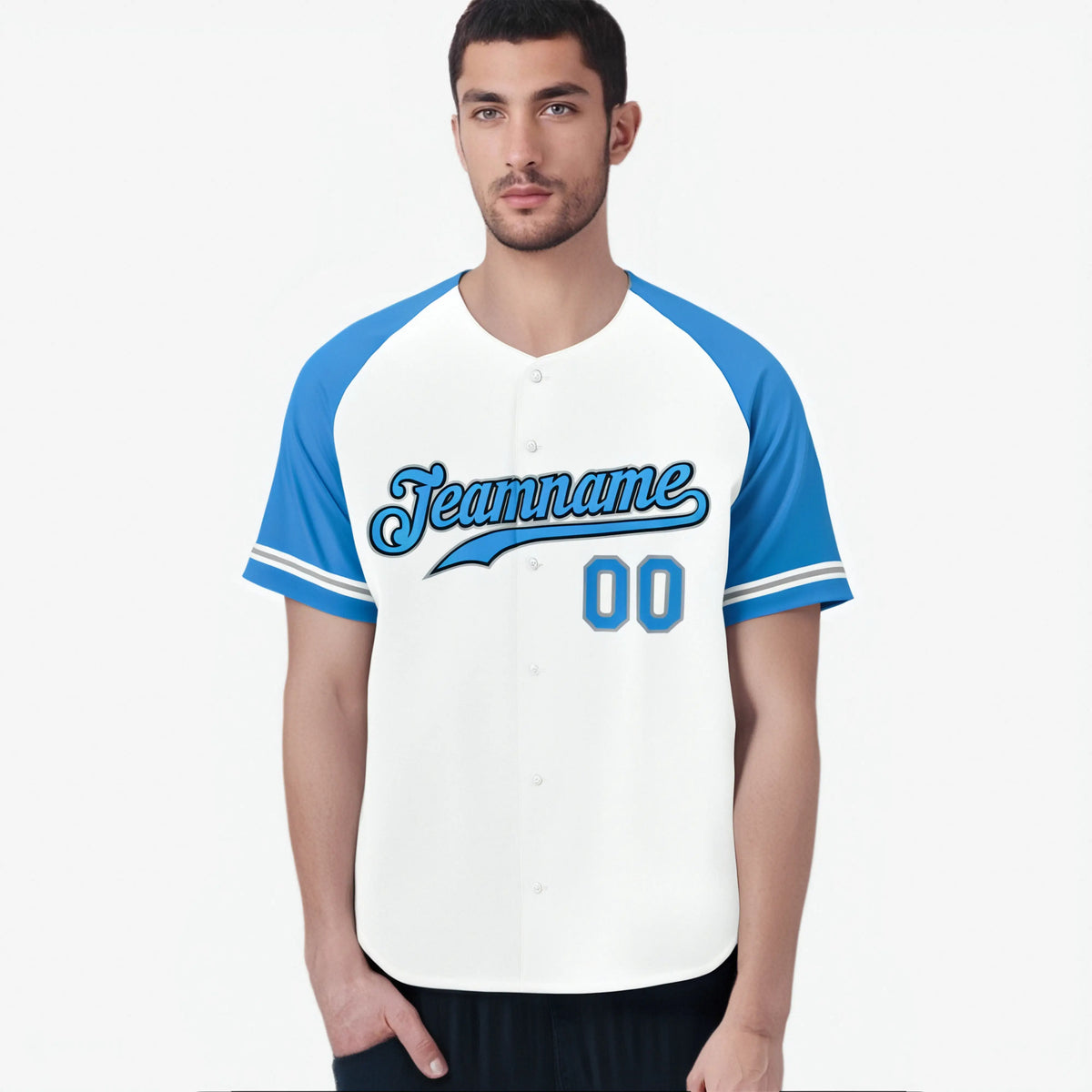 Custom White Light-Blue Authentic Raglan Sleeves Baseball Jersey