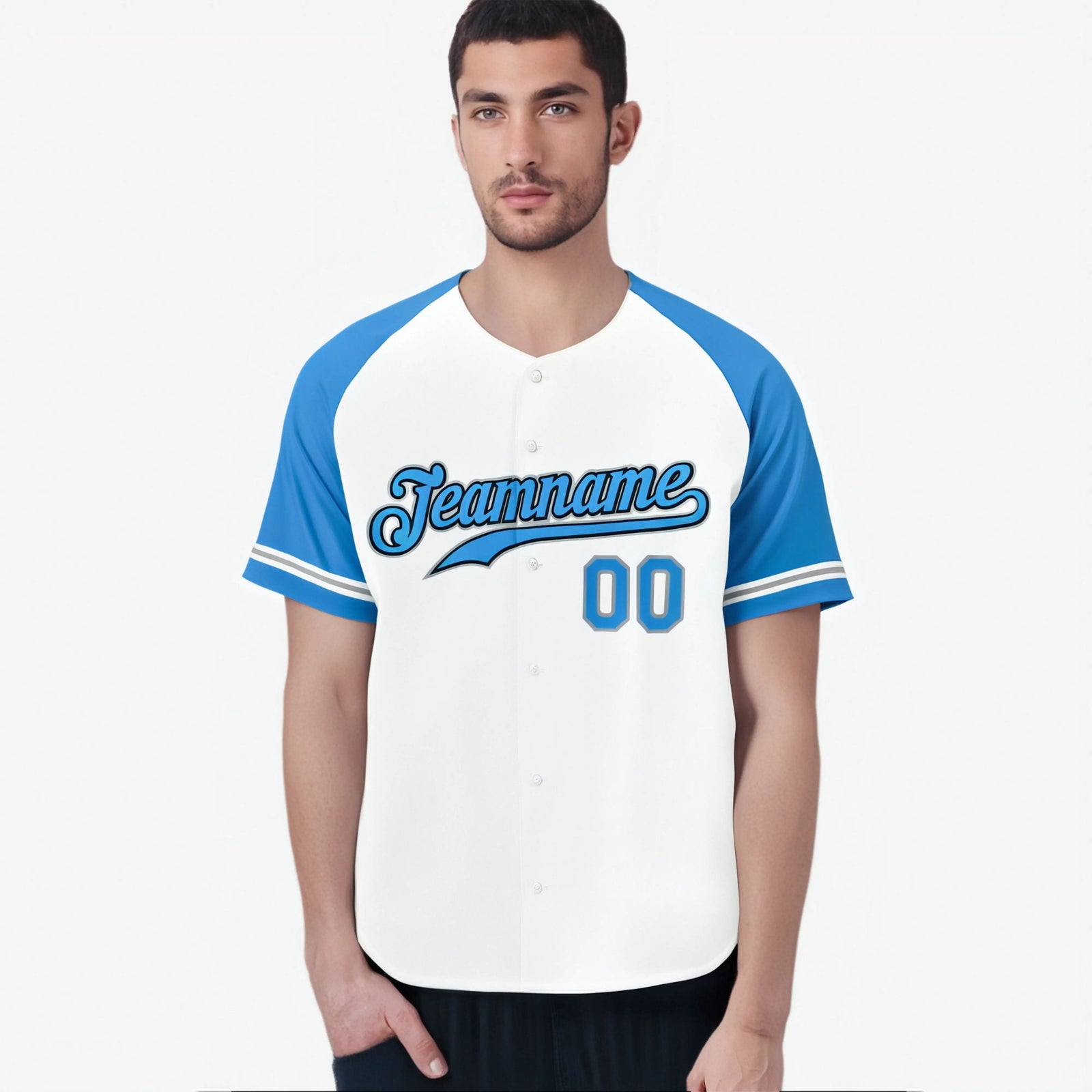 Custom White Light-Blue Authentic Raglan Sleeves Baseball Jersey