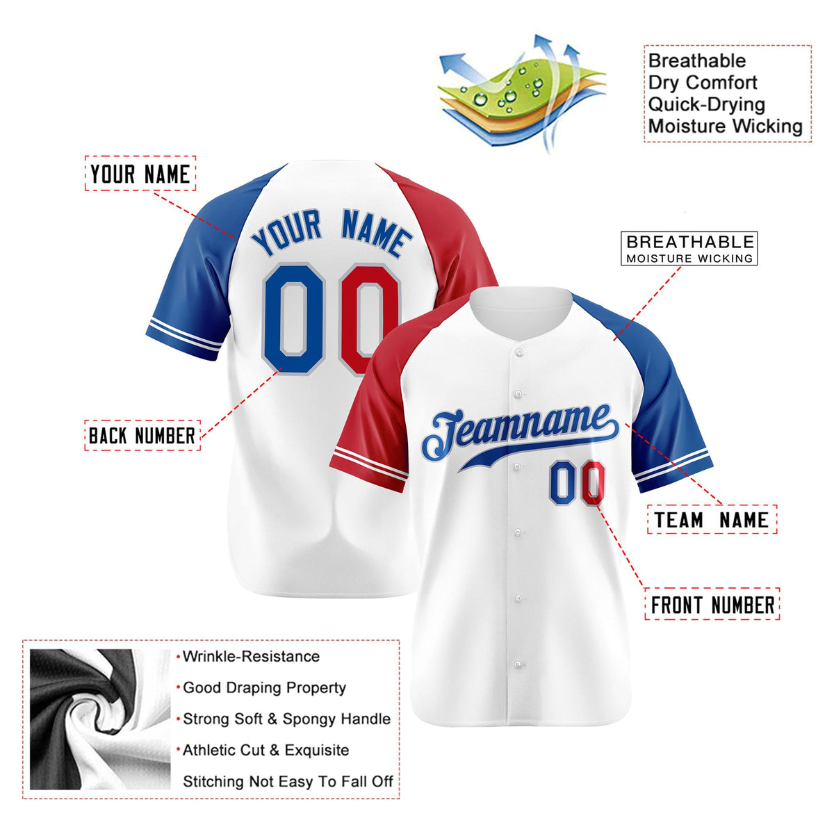 Custom White Red-Blue Authentic Raglan Sleeves Baseball Jersey