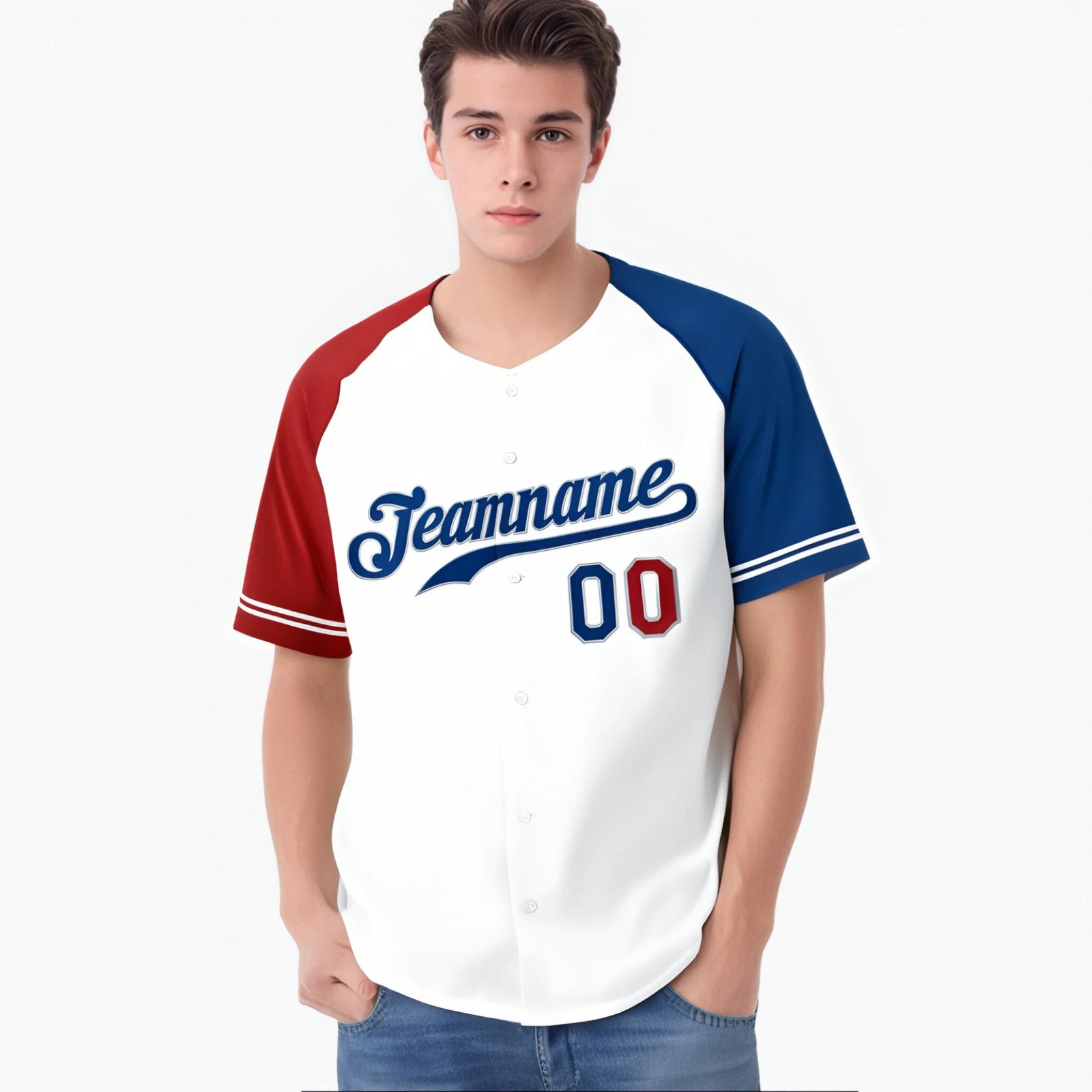 Custom White Red-Blue Authentic Raglan Sleeves Baseball Jersey