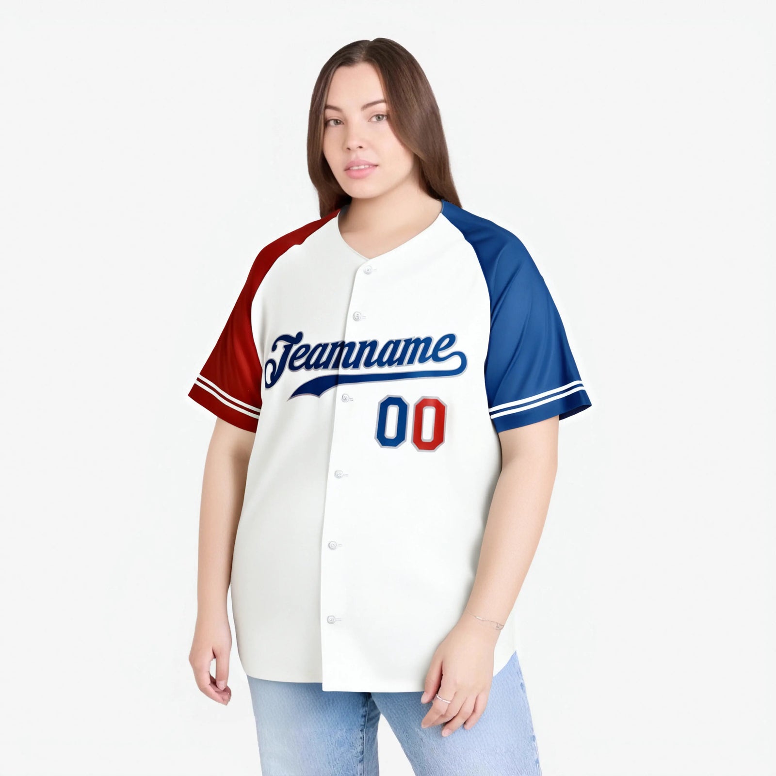 Custom White Red-Blue Authentic Raglan Sleeves Baseball Jersey