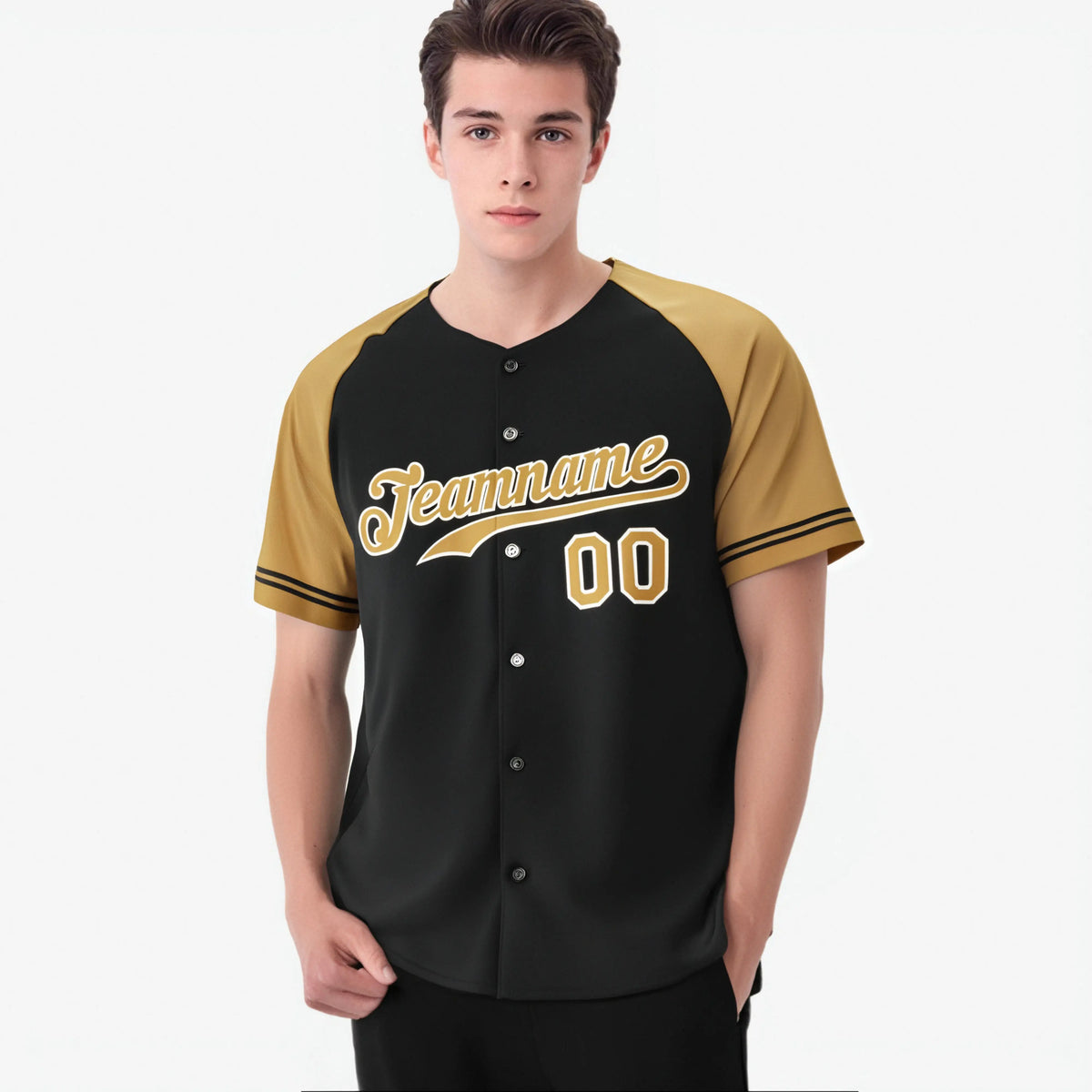 Custom Black Gold Authentic Raglan Sleeves Baseball Jersey
