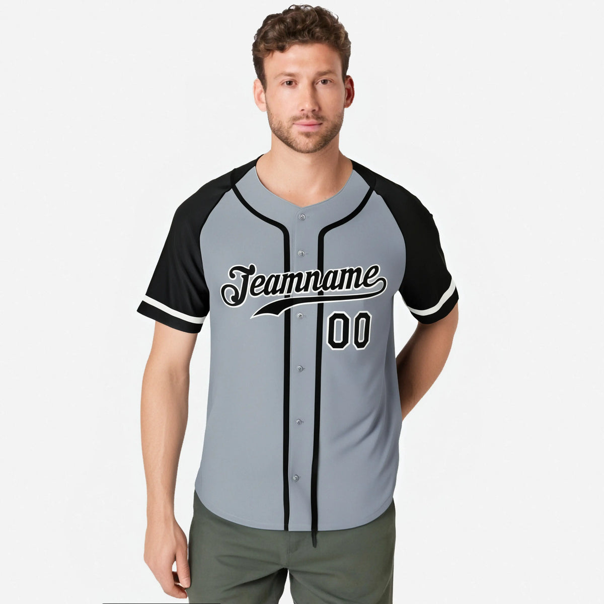 Custom Gray Black Authentic Raglan Sleeves Baseball Jersey