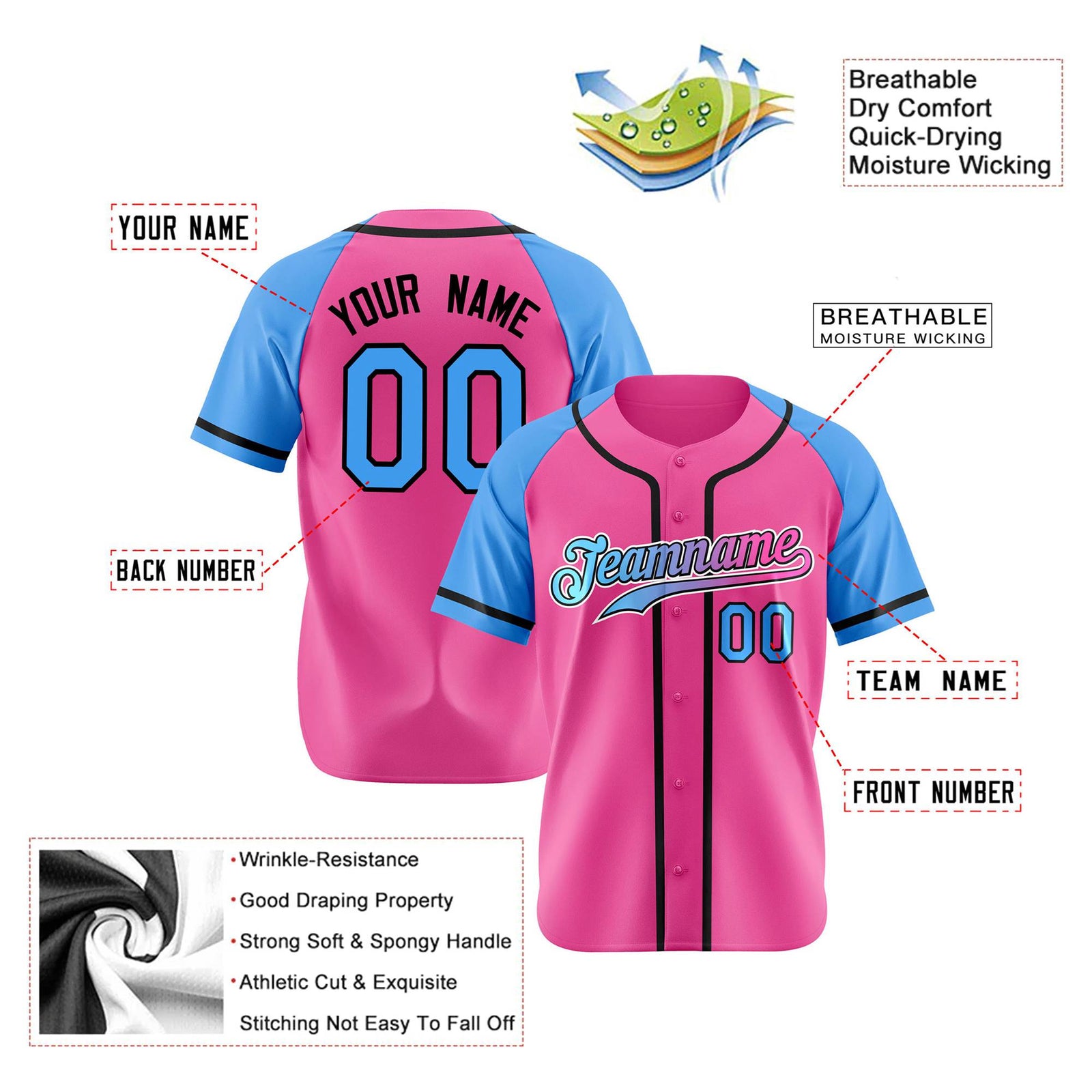 Custom Pink Powder Blue Authentic Raglan Sleeves Baseball Jersey