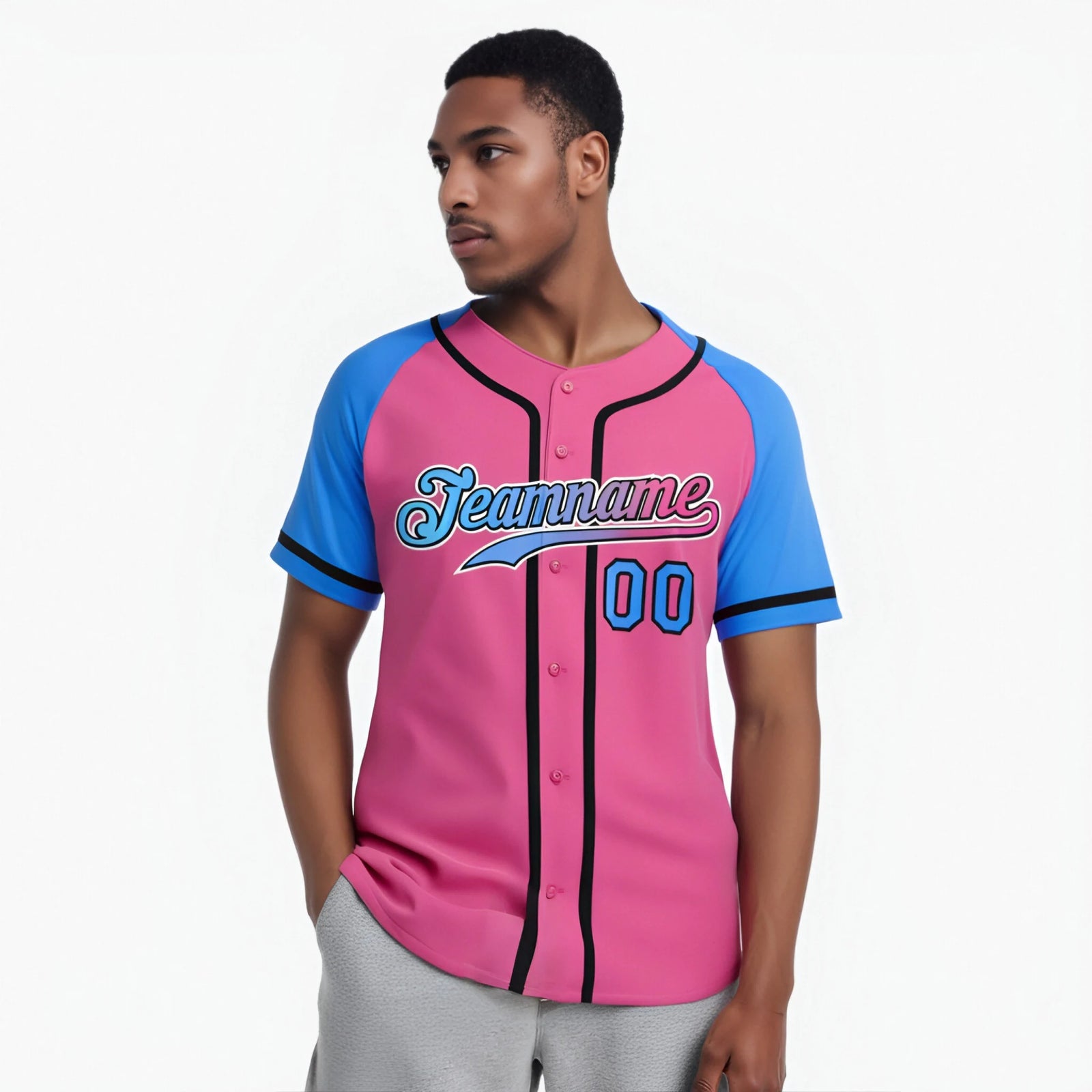 Custom Pink Powder Blue Authentic Raglan Sleeves Baseball Jersey