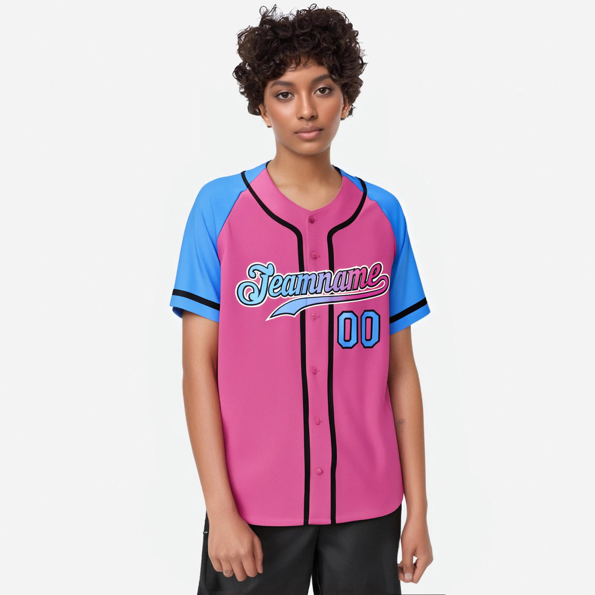 Custom Pink Powder Blue Authentic Raglan Sleeves Baseball Jersey