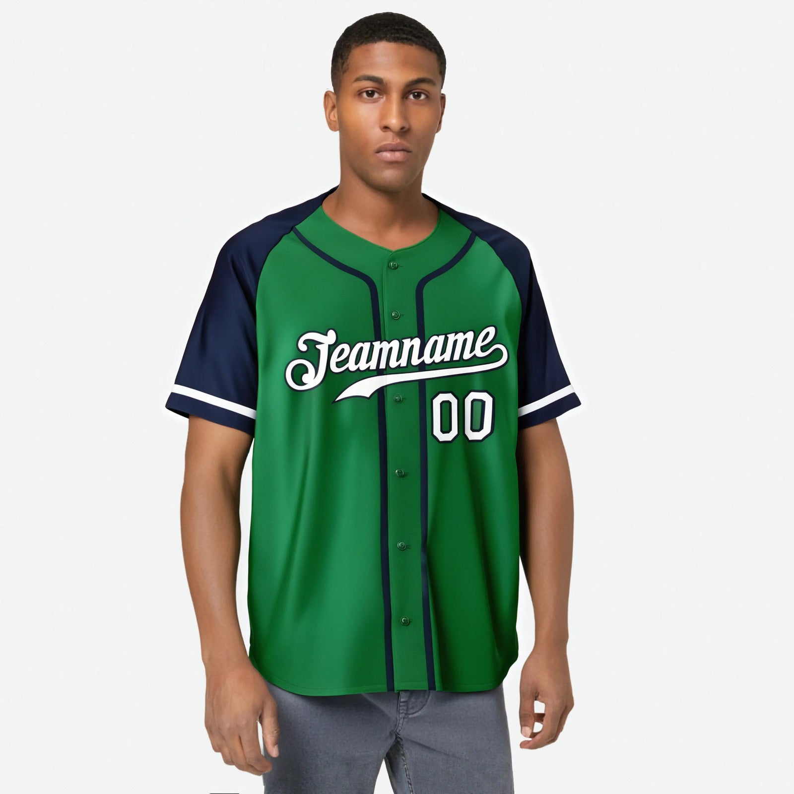 Custom Kelly Green Navy Authentic Raglan Sleeves Baseball Jersey