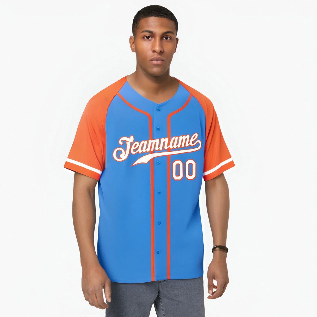 Custom Powder Blue Orange White Authentic Raglan Sleeves Baseball Jersey