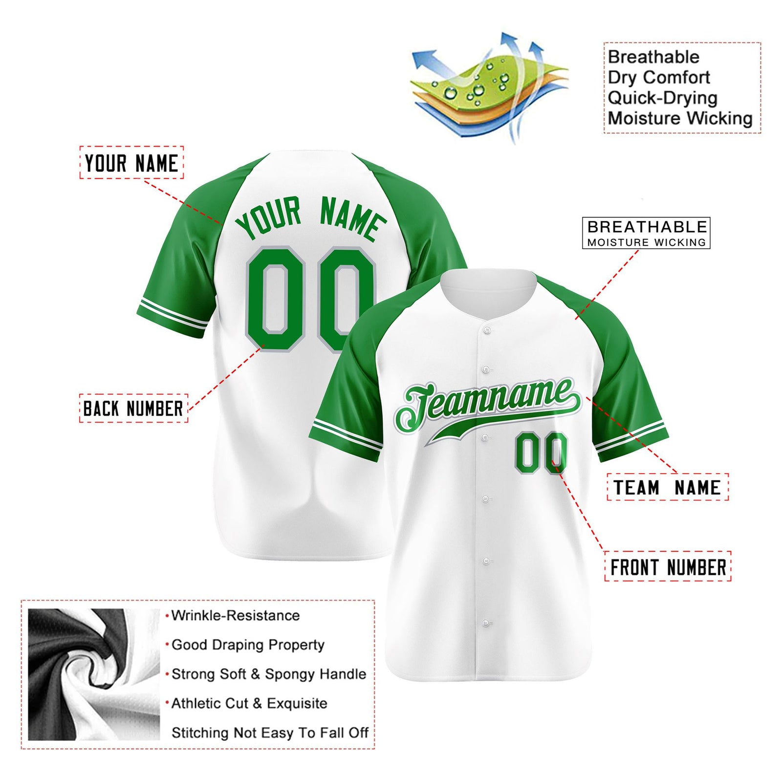 Custom White Kelly Green Authentic Raglan Sleeves Baseball Jersey