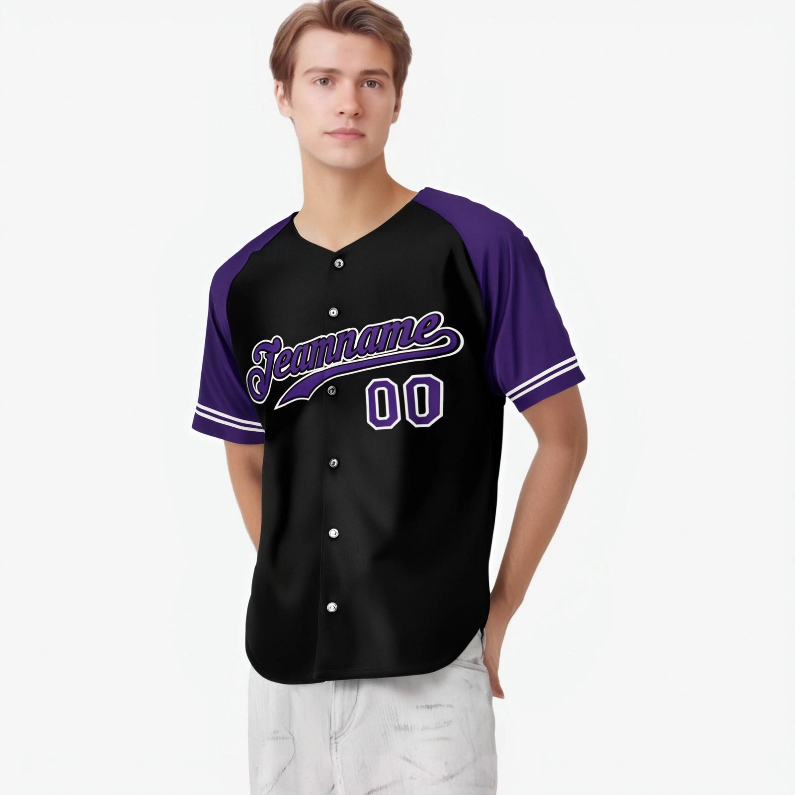 Custom Black Purple Authentic Raglan Sleeves Baseball Jersey