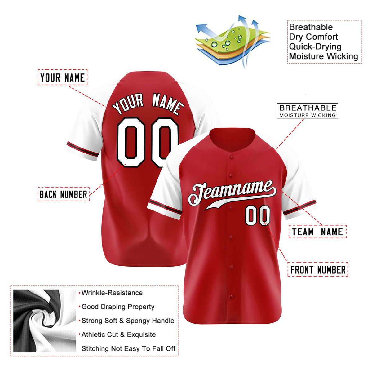 Custom Red White Authentic Raglan Sleeves Baseball Jersey