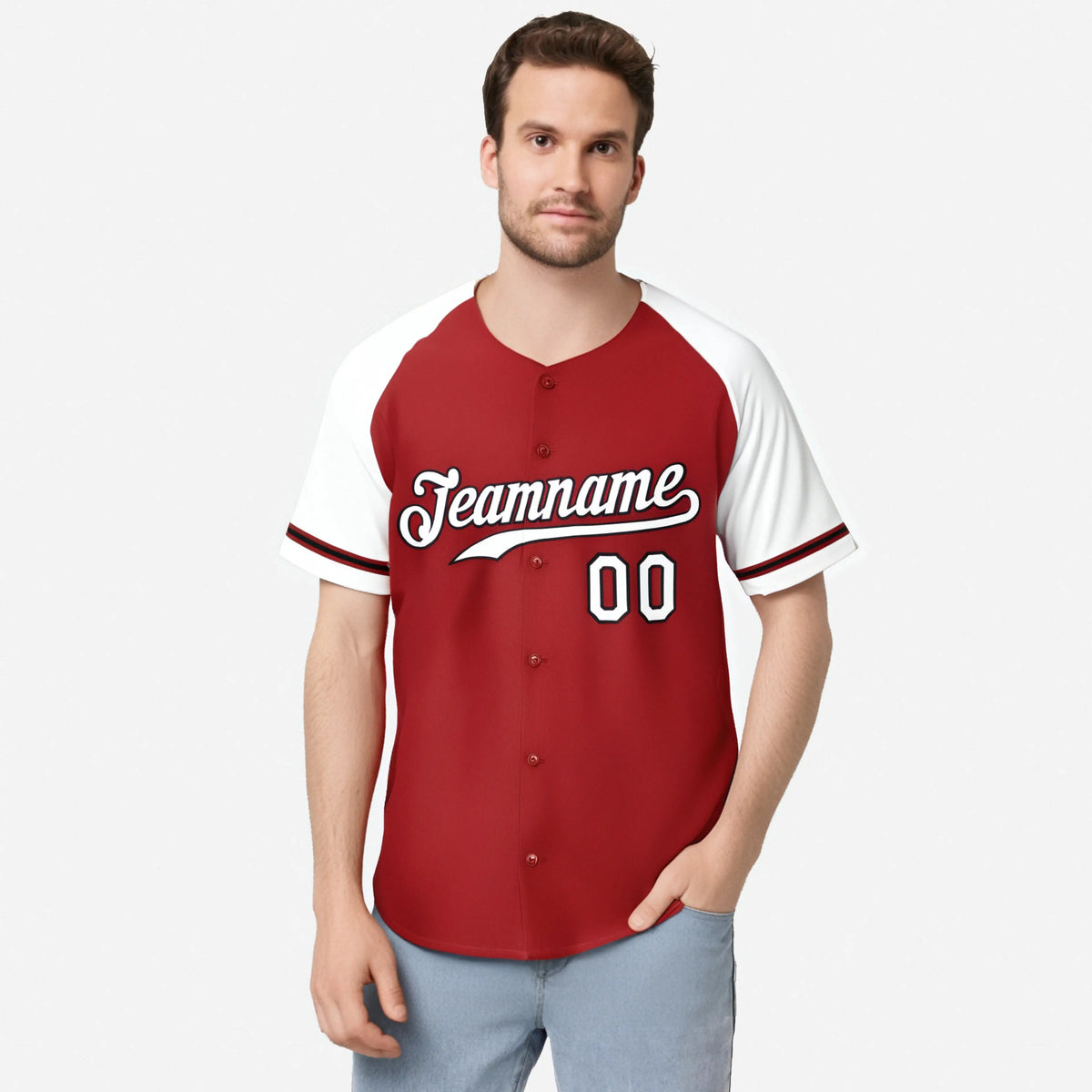 Custom Red White Authentic Raglan Sleeves Baseball Jersey