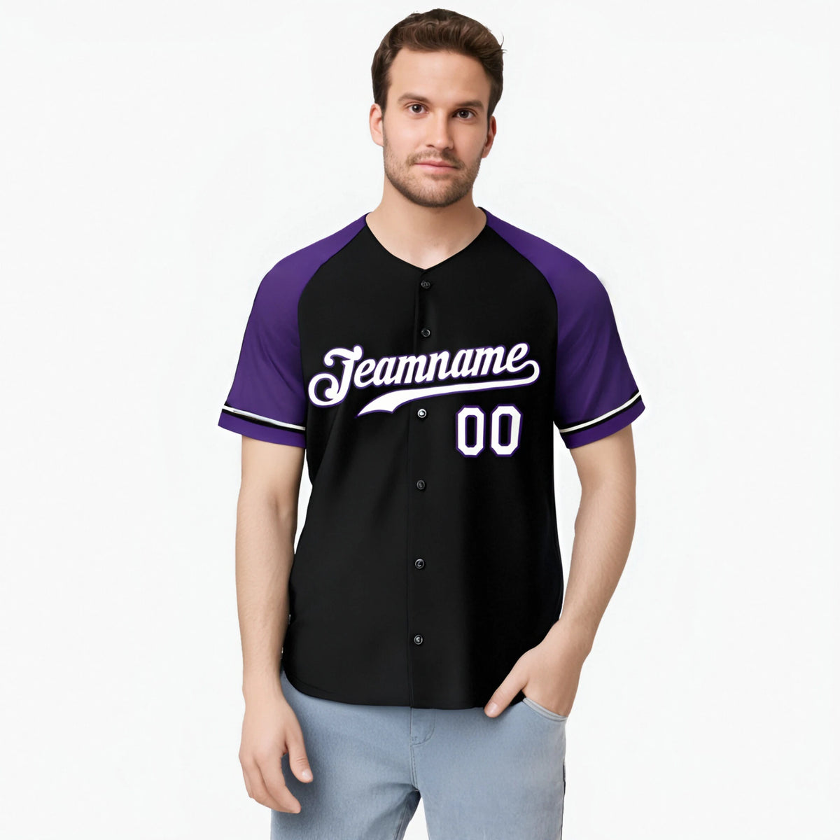 Custom Black Purple White Authentic Raglan Sleeves Baseball Jersey