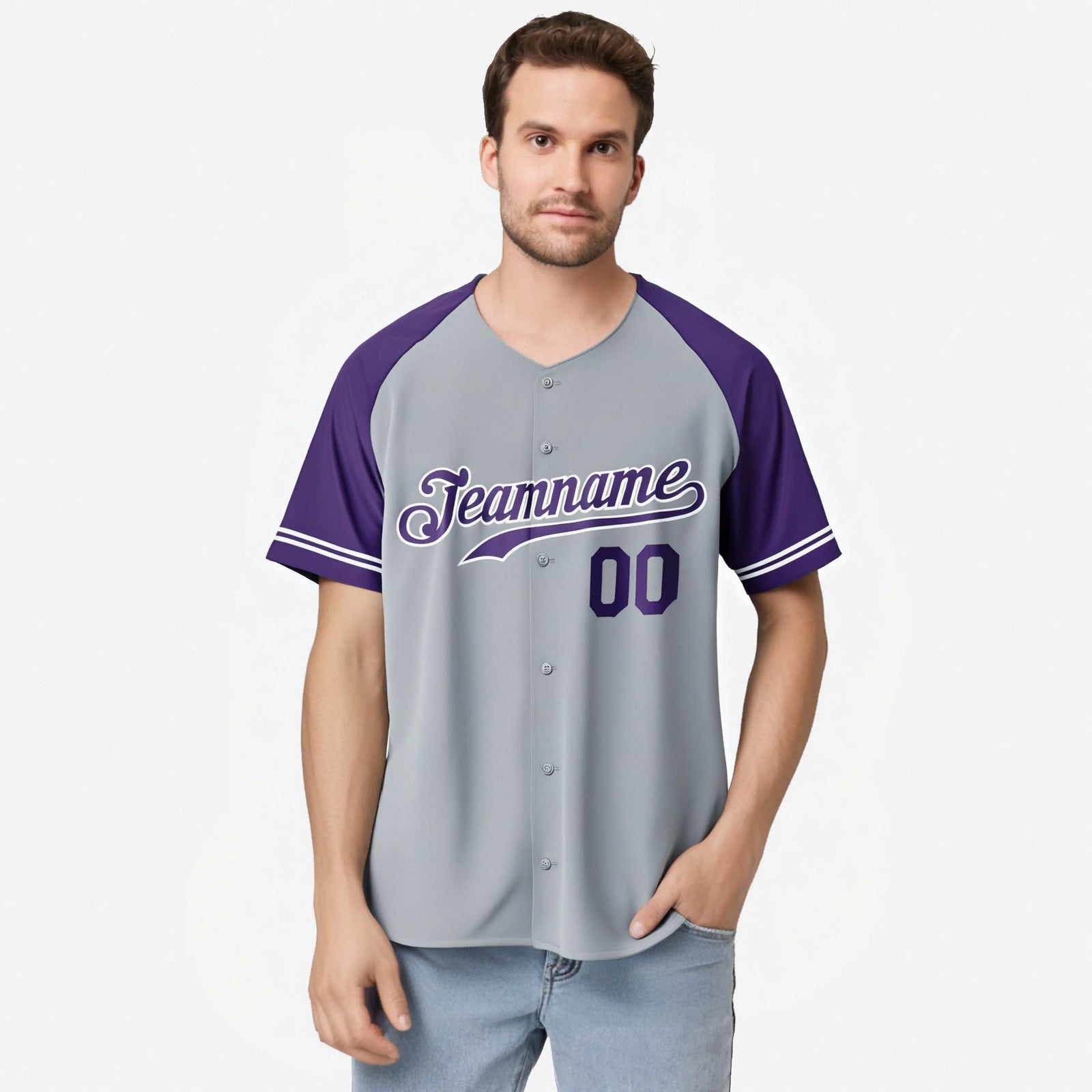 Custom Gray Purple Authentic Raglan Sleeves Baseball Jersey